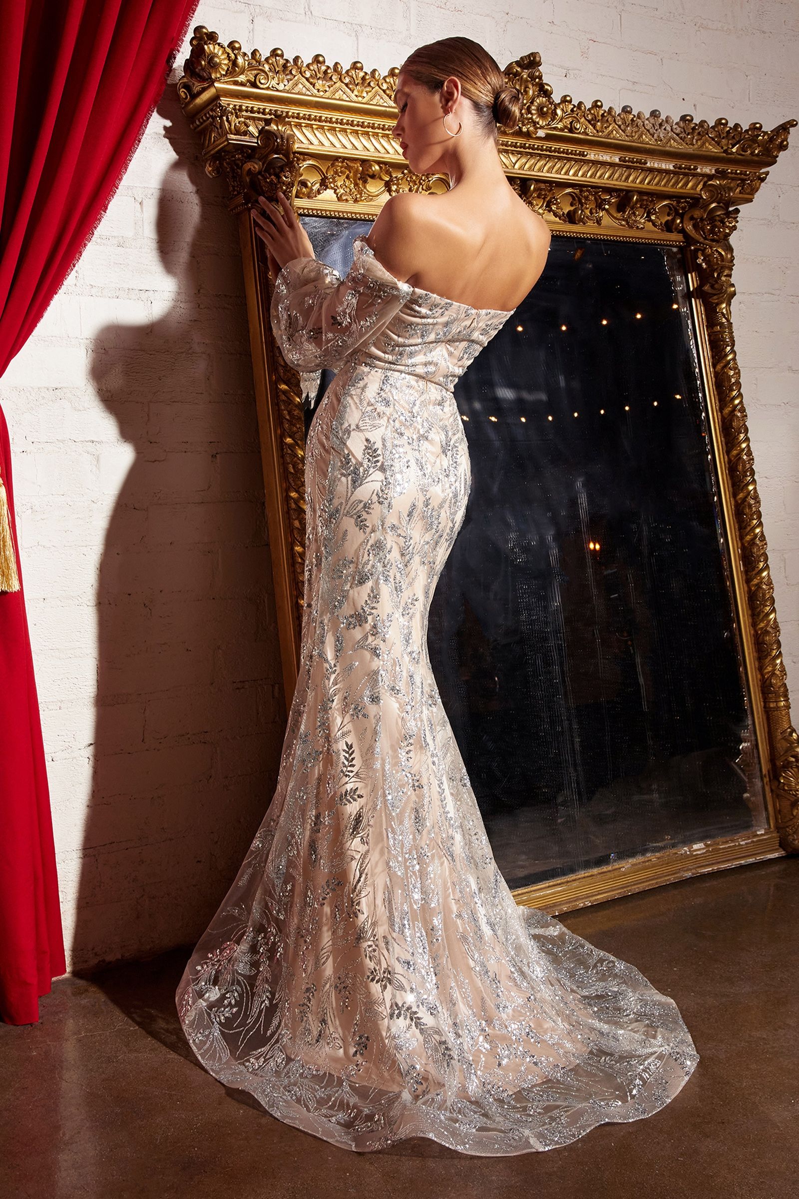 LaDivine J816 Long Fitted Formal Dress in silver Nude