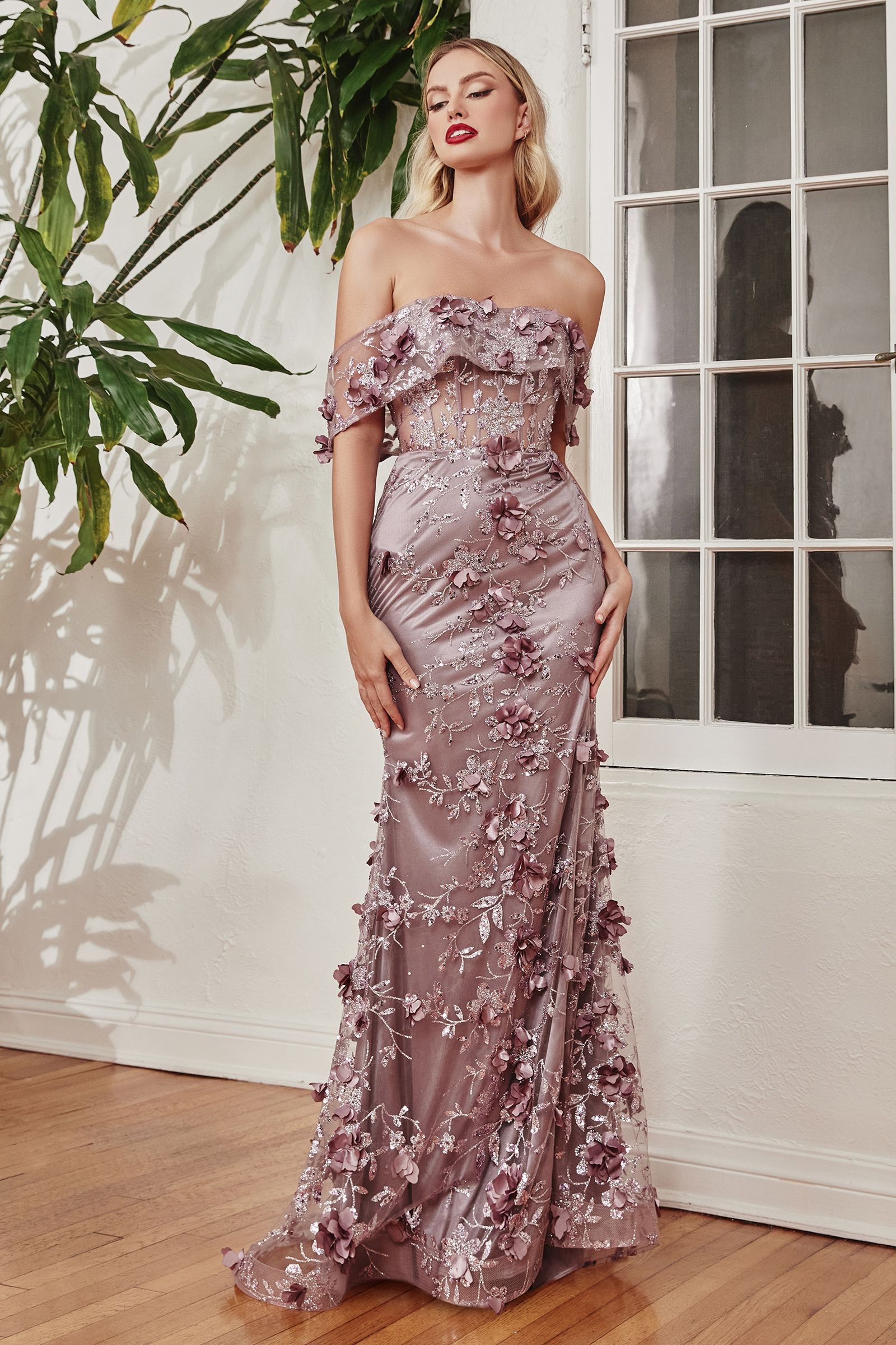 LaDivine J832 Long Floral Fitted Long Prom Dress Mauve