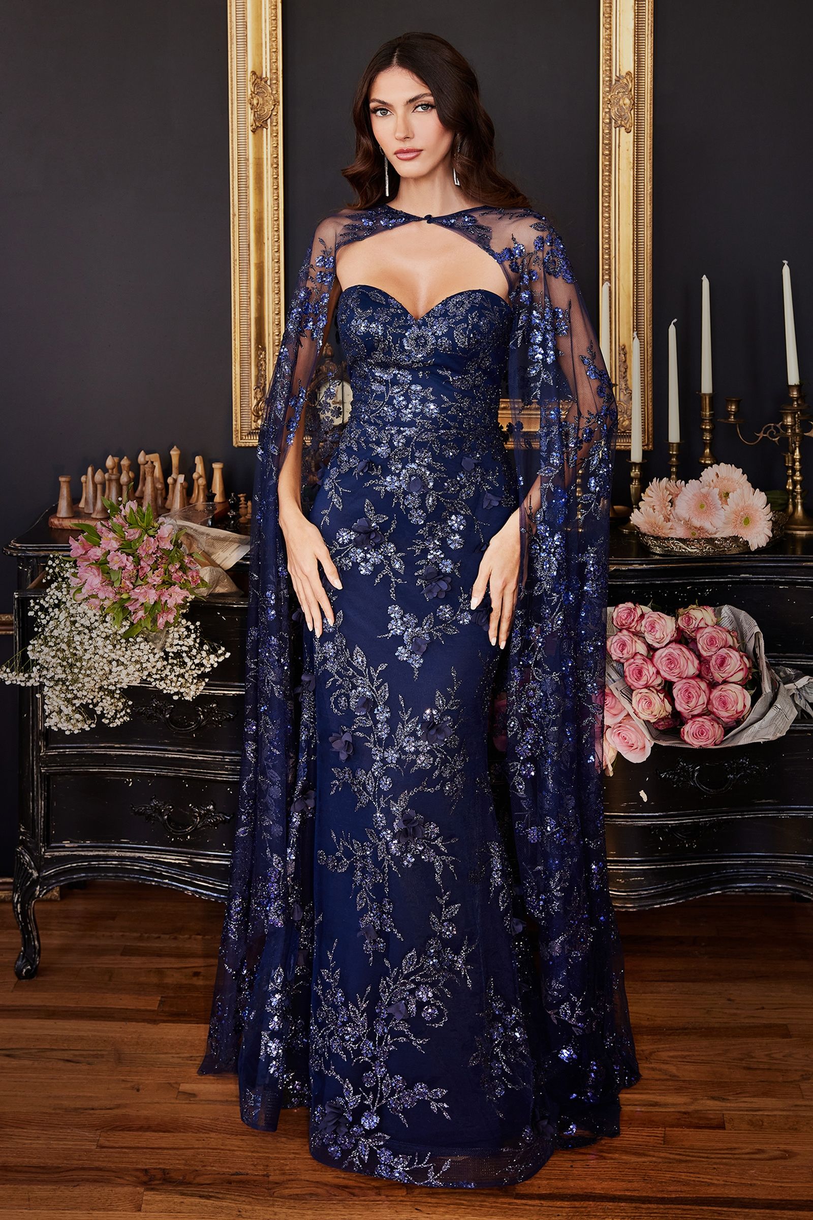 LaDivine CDJ834 Long Strapless Prom Dress in Navy