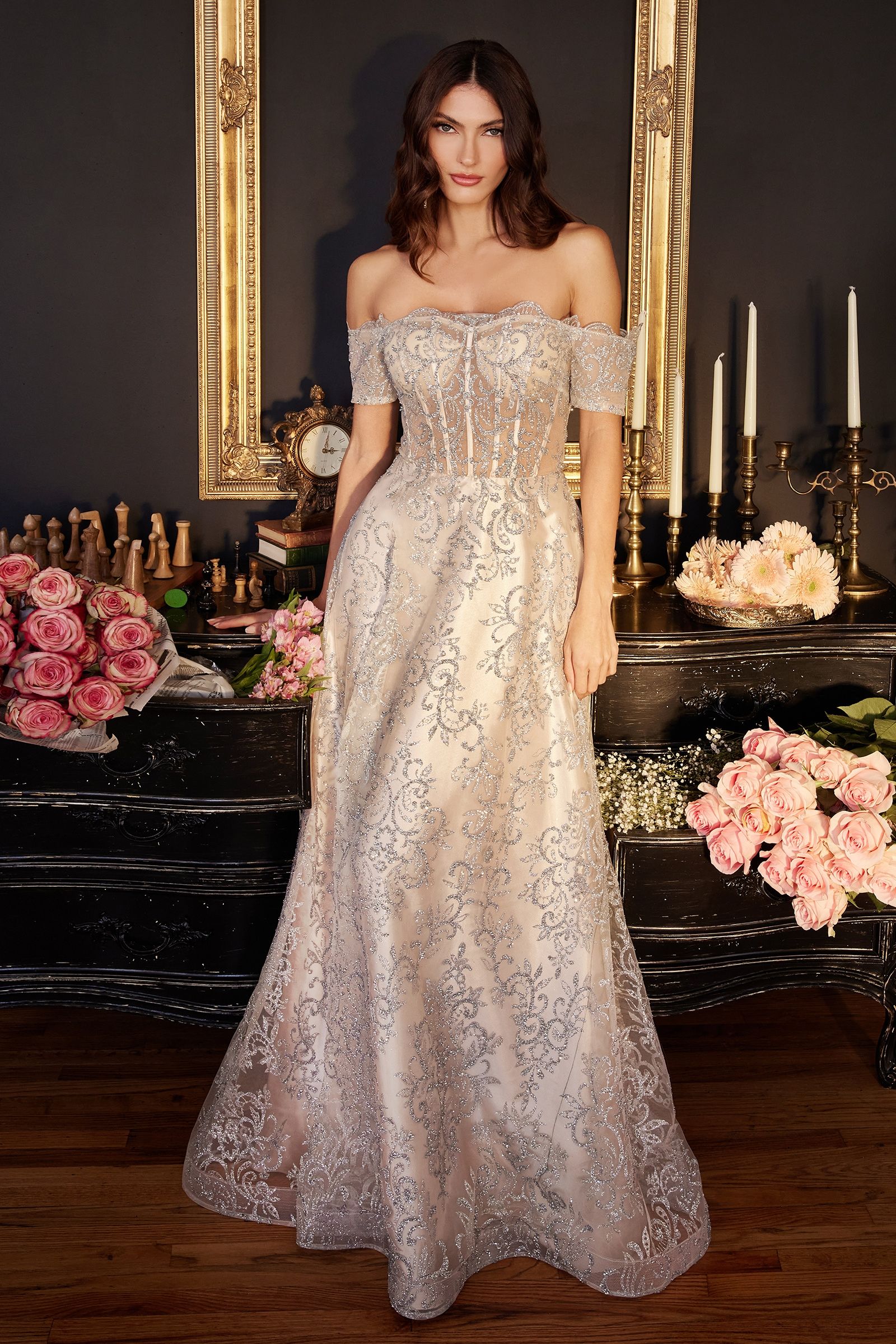 LaDivine J835 Long Off Shoulder Prom Dress in Platinum