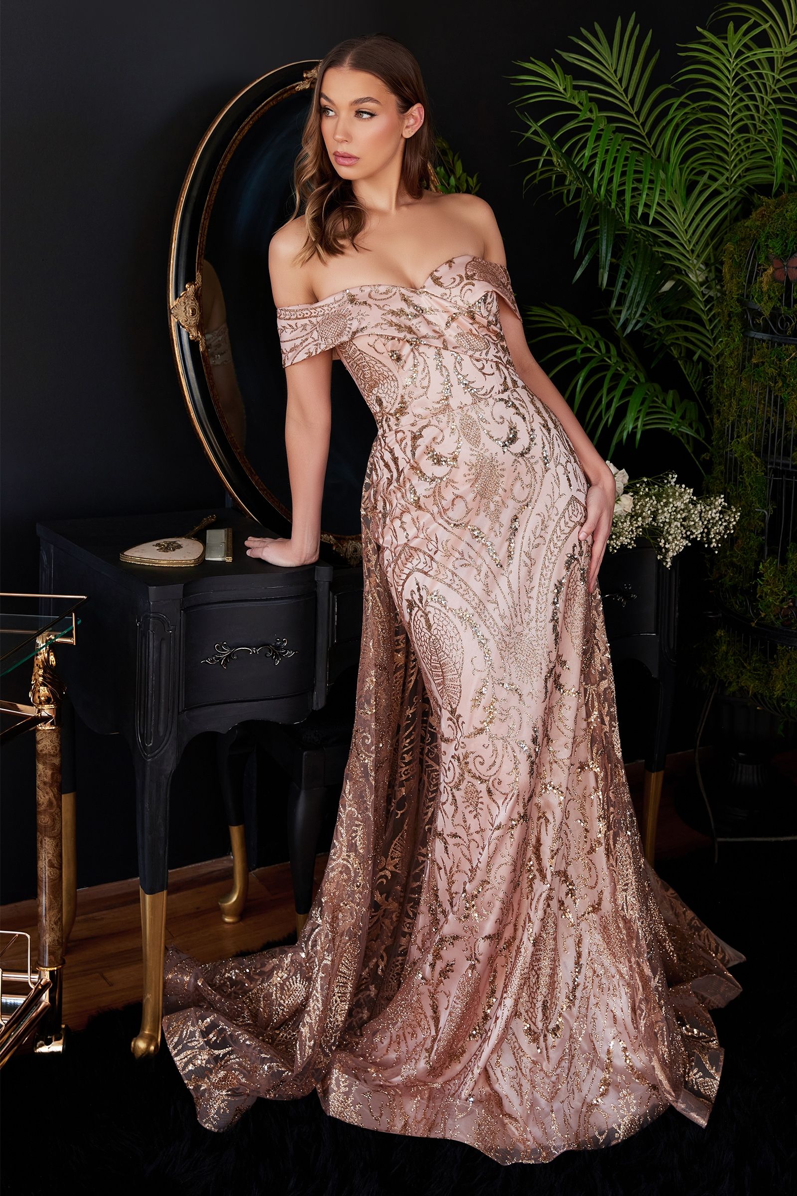 LaDivine J836 Long Off Shoulder Evening Gown in Rose Gold