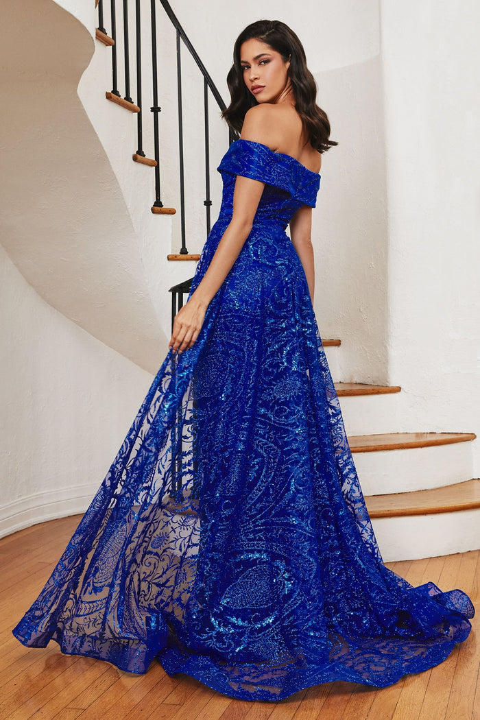 LaDivine J836 Long Off Shoulder Evening Gown in Royal