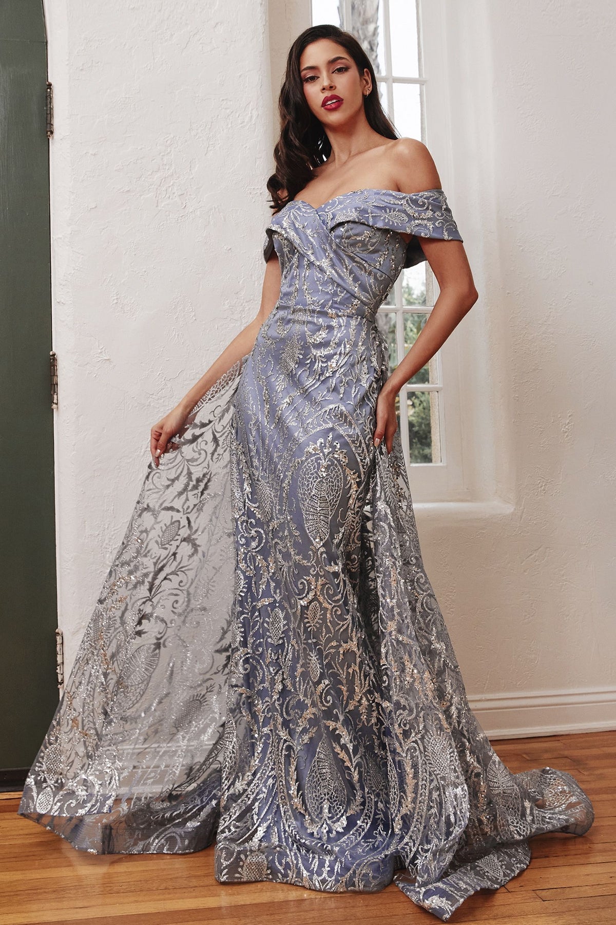 LaDivine J836 Long Off Shoulder Evening Gown in Somky Blue