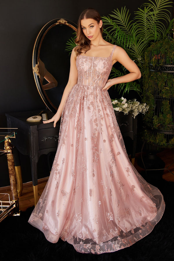 LaDivine J840 Ball Gown Long Formal Glitter Print Prom Dress