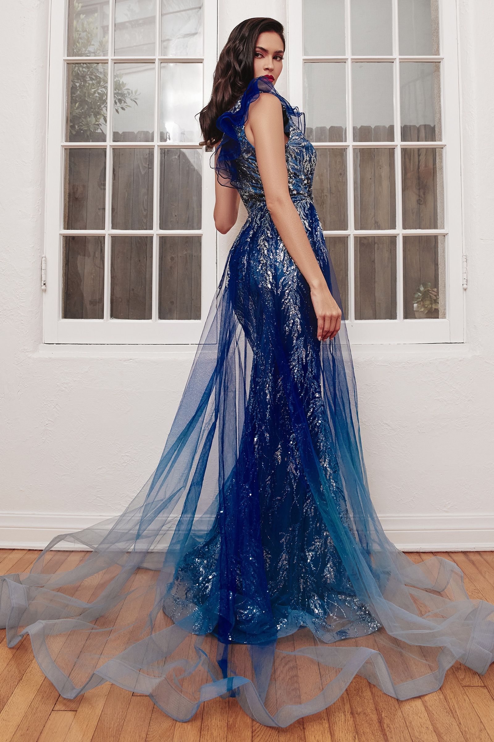 LaDivine J851 One Shoulder Long Prom Dress in Navy