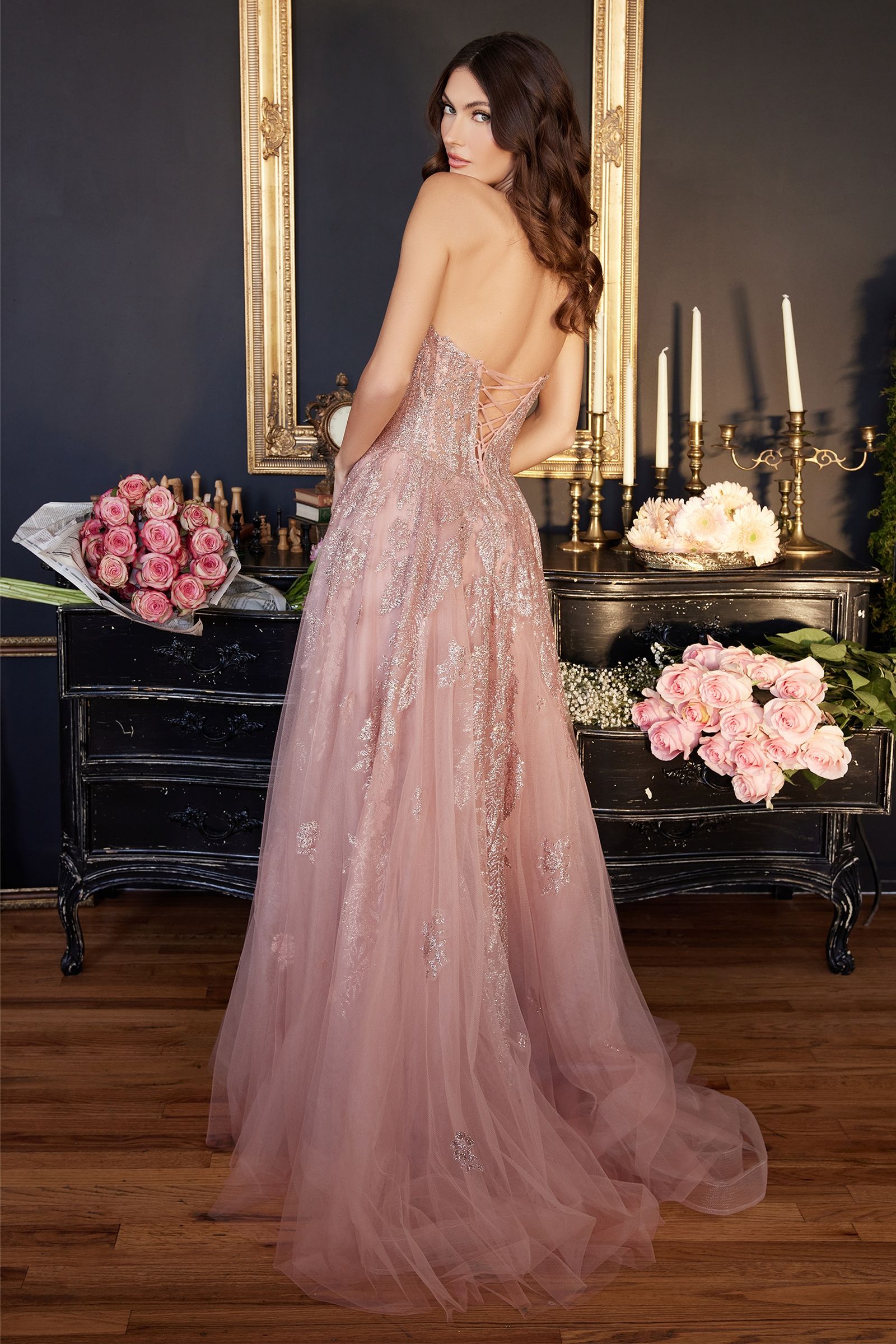 LaDivine J852 Strapless Long Prom Dress in Dusty Rose