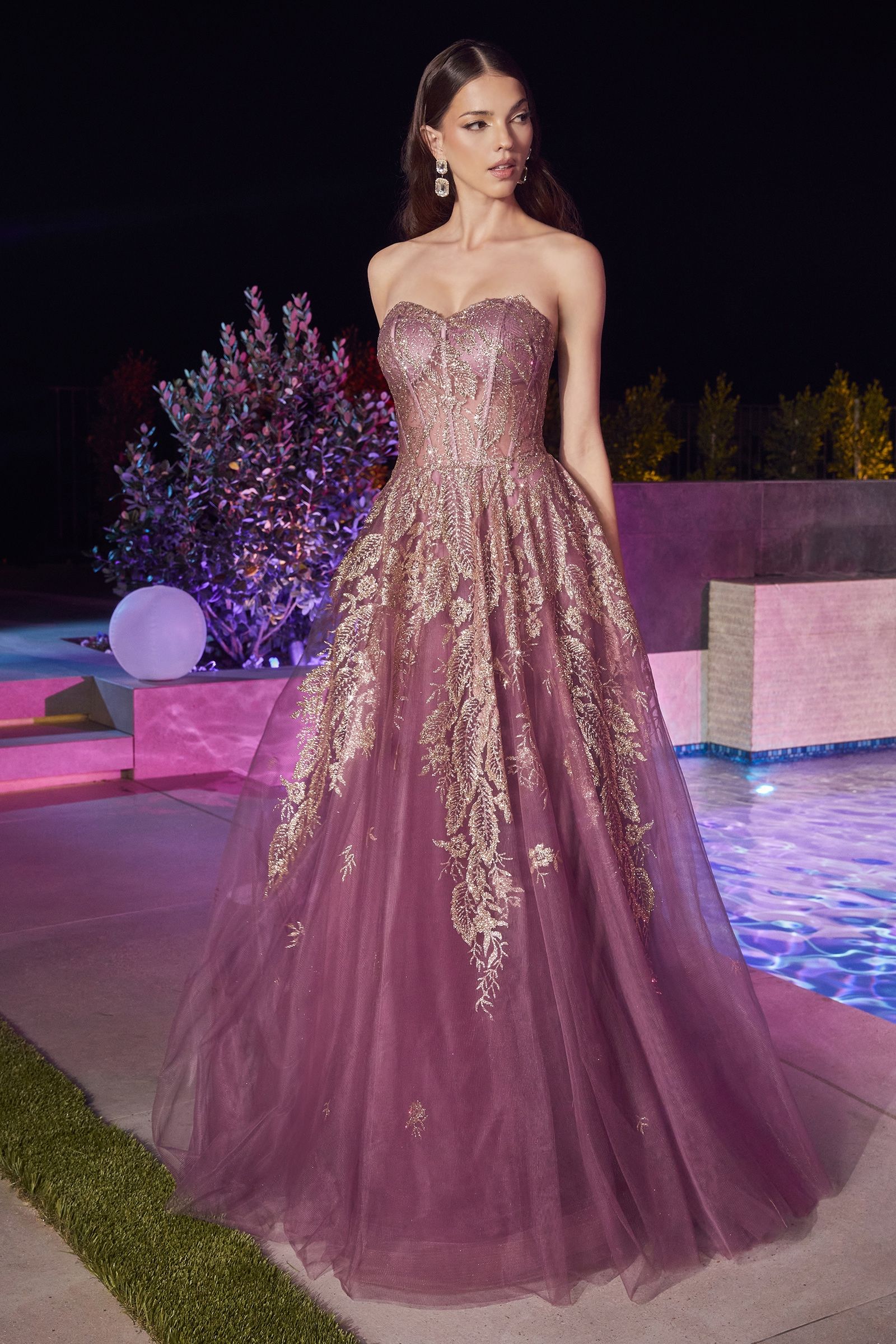 LaDivine J852 Strapless Long Prom Dress in Gold Violet