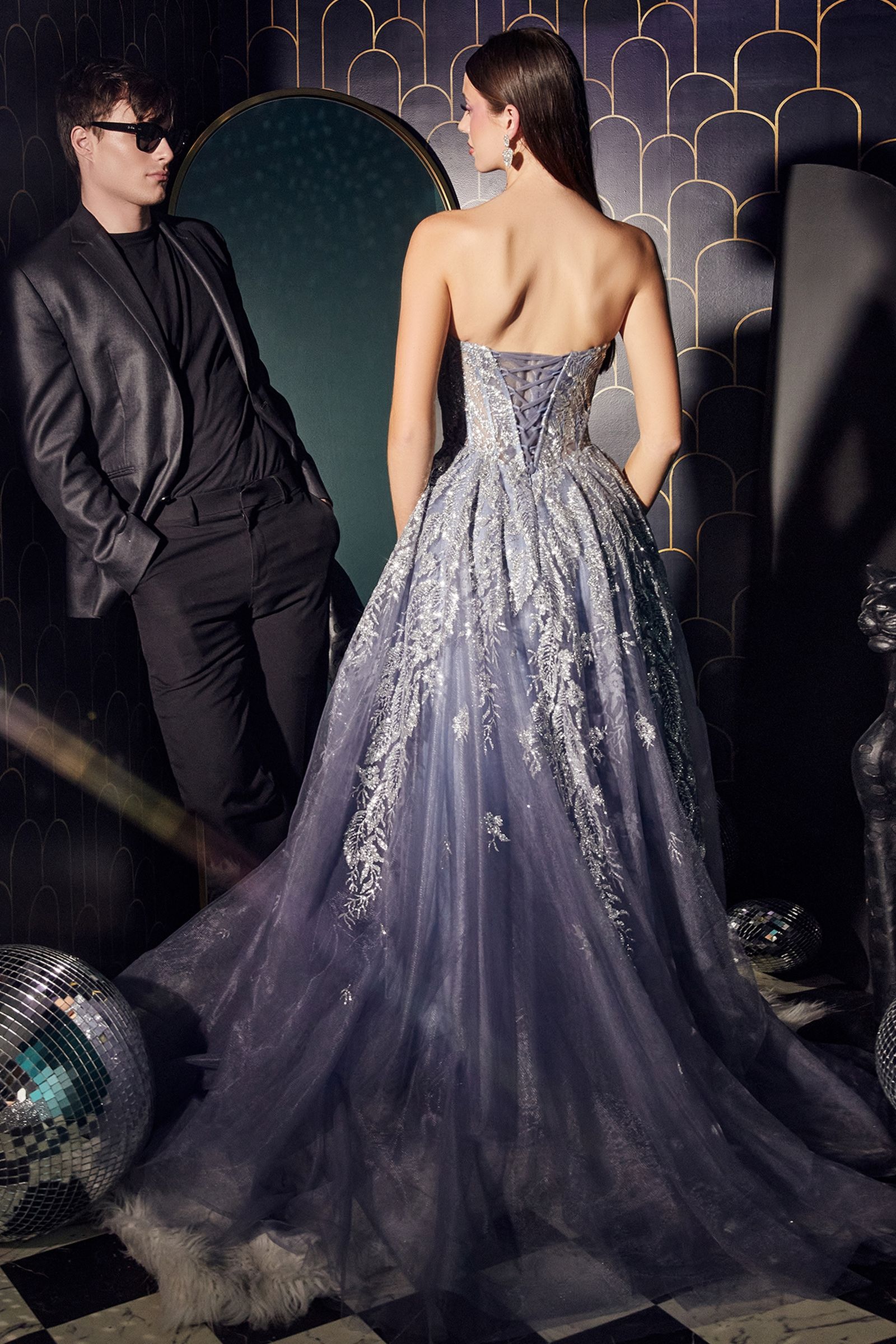 LaDivine J852 Strapless Long Prom Dress in Smoky Blue