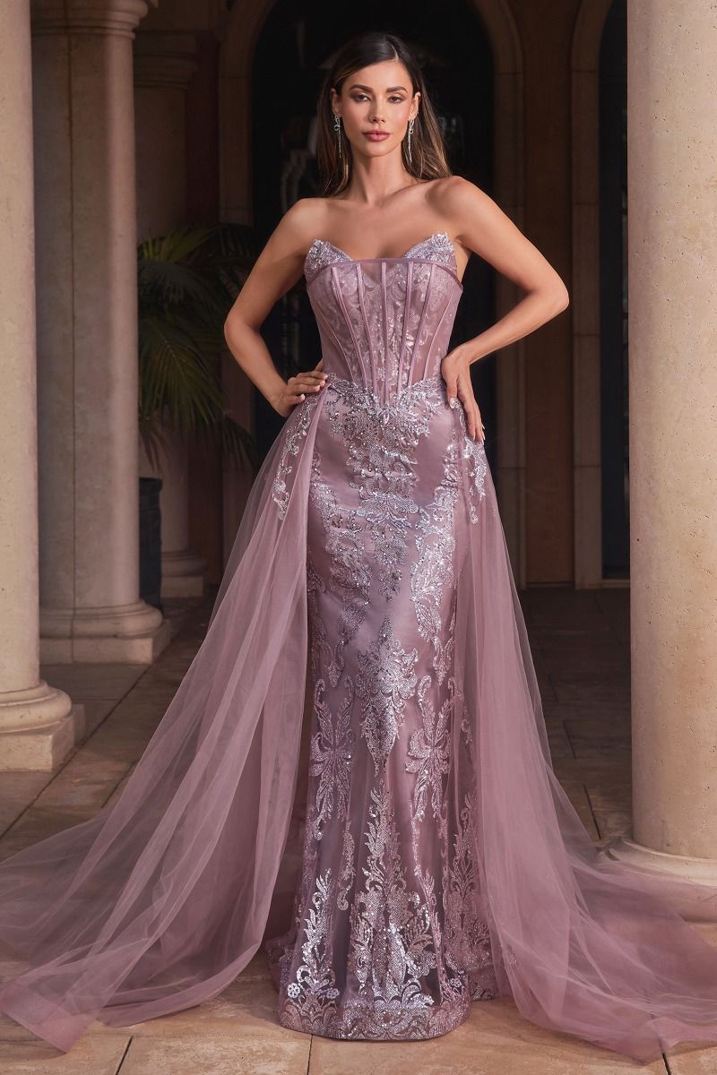 LaDivine J858 Long Formal Glitter Overskirt Prom Gown
