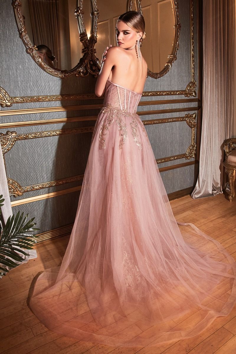 LaDivine J858 Long Formal Glitter Overskirt Prom Gown
