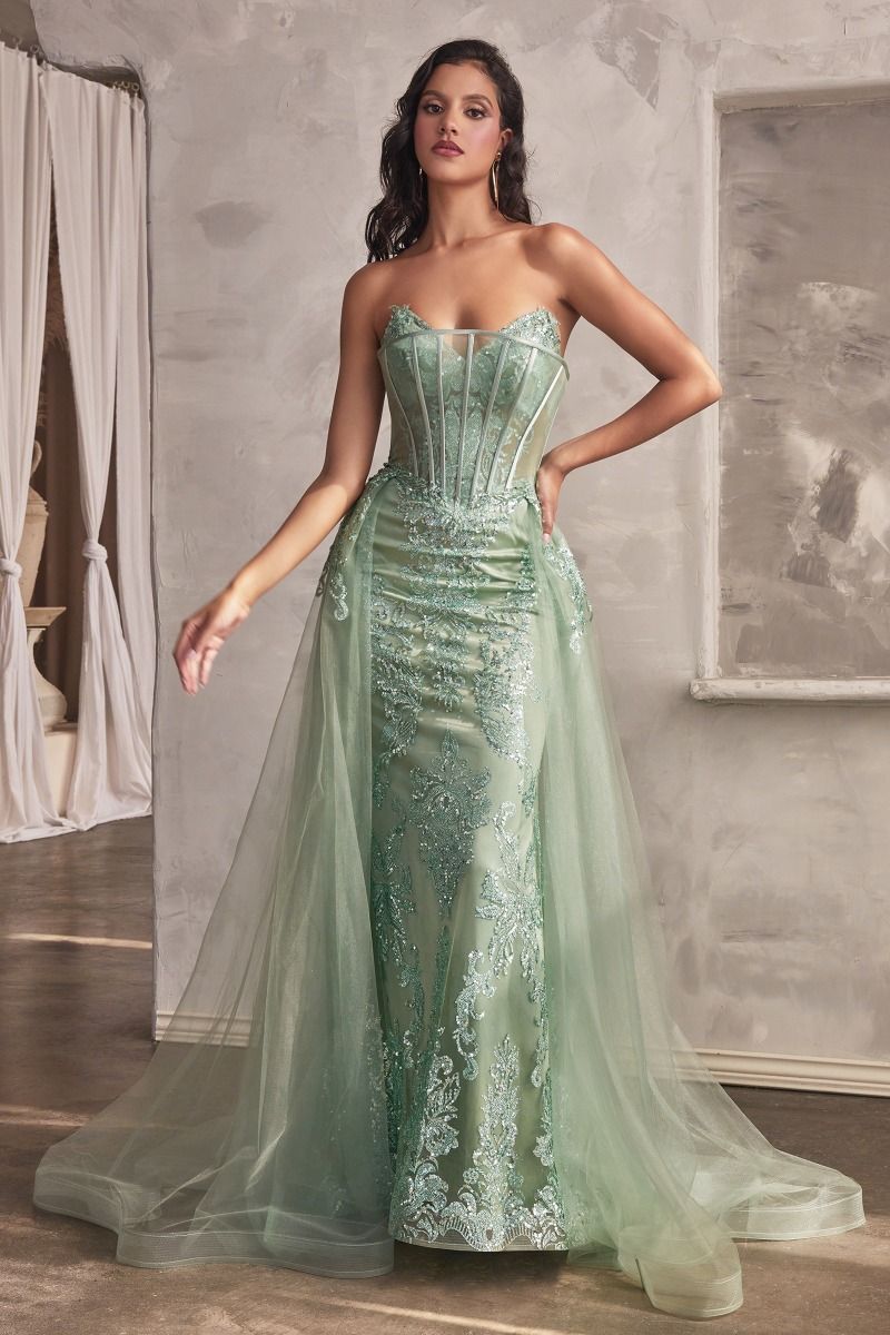 Prom Dresses Long Formal Glitter Overskirt Prom Gown Sage