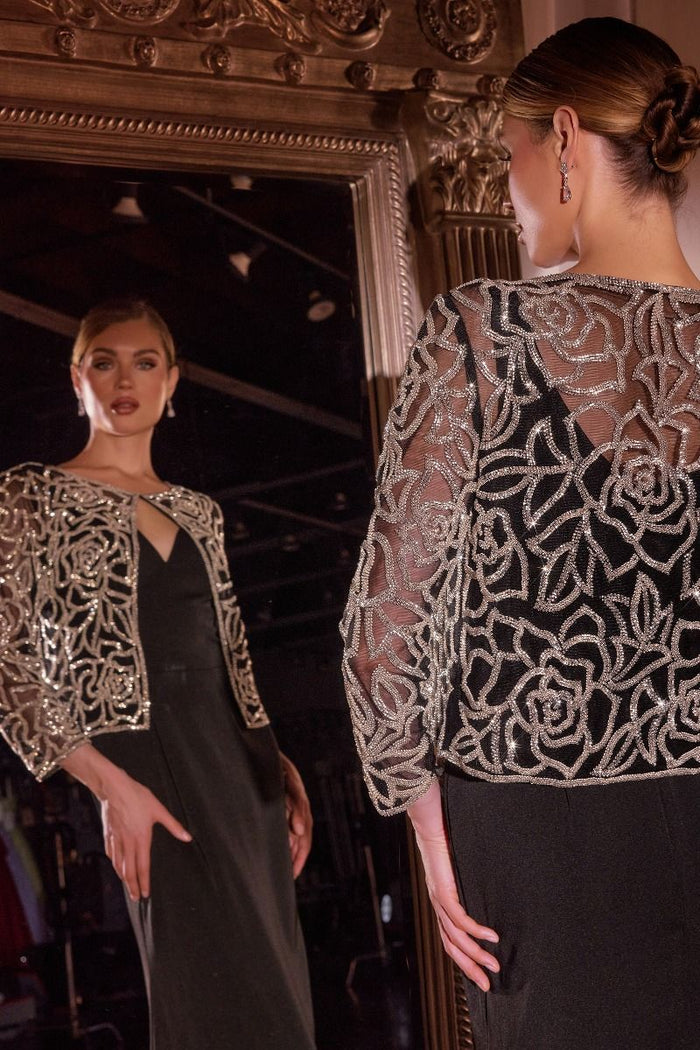 Formal Dresses LaDivine J881 Long Evening Fitted Formal Bolero Dress Black