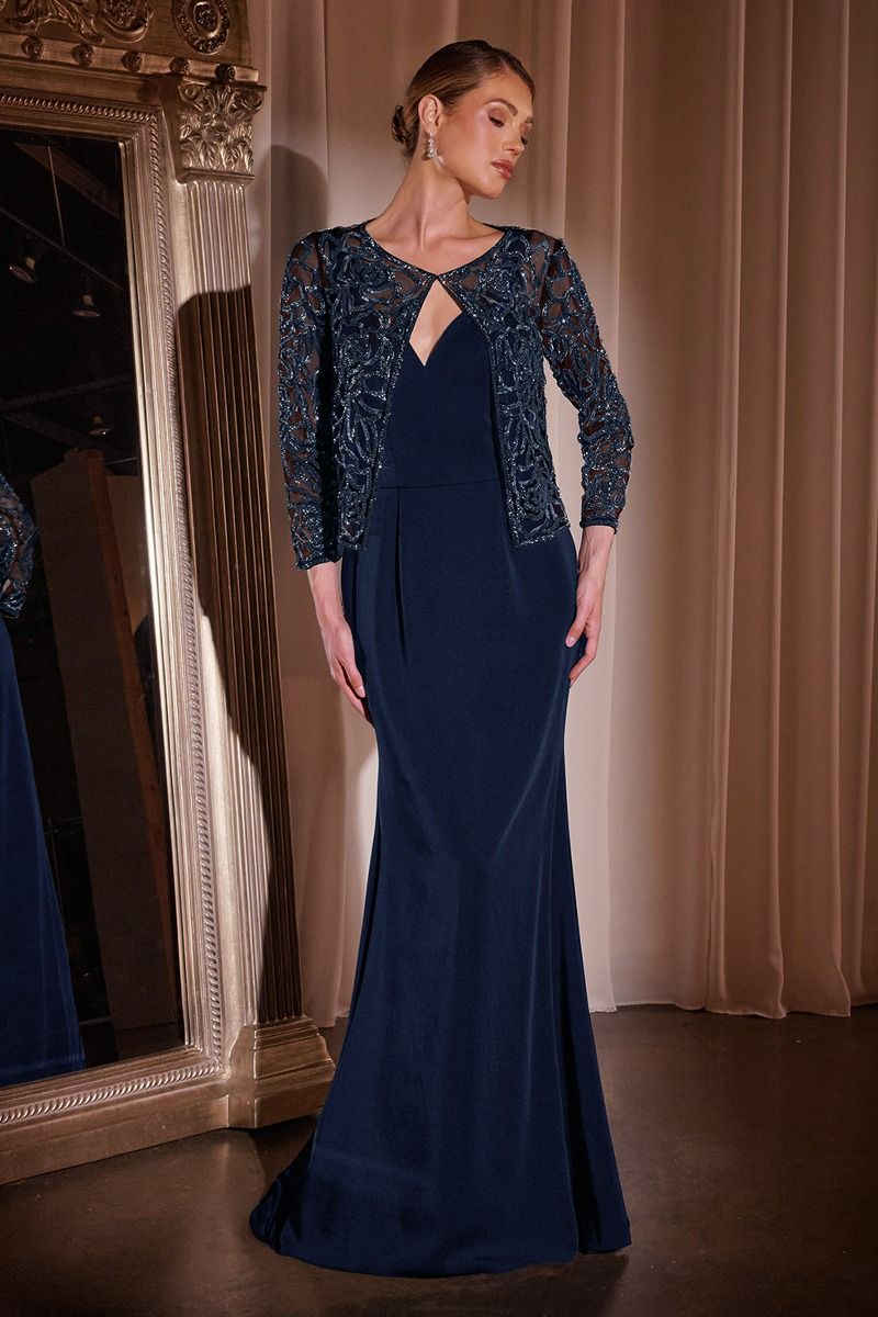 Long Evening Fitted Formal Bolero Dress by LaDivine J881 - Navy / 18 Long Evening Fitted Formal Bolero Dress by LaDivine J881 - Navy / 18