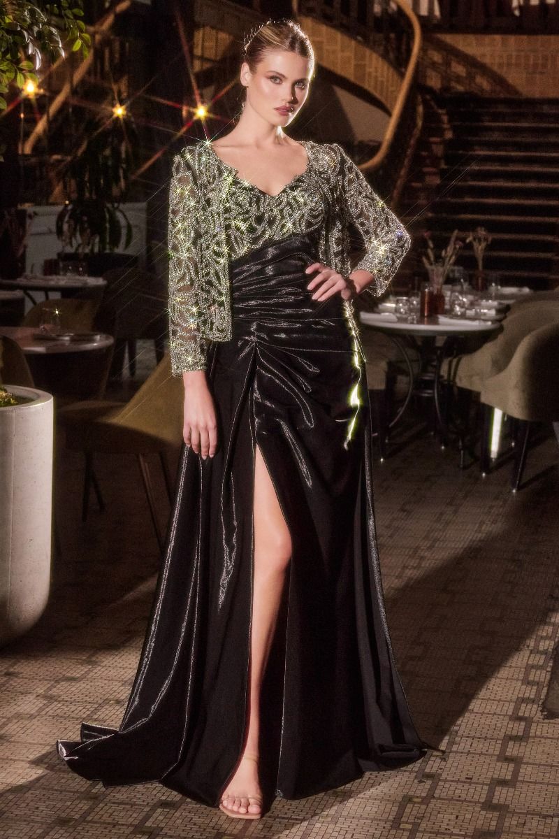 LaDivine J882 A Line Long Formal Slit Bolero Prom Dress