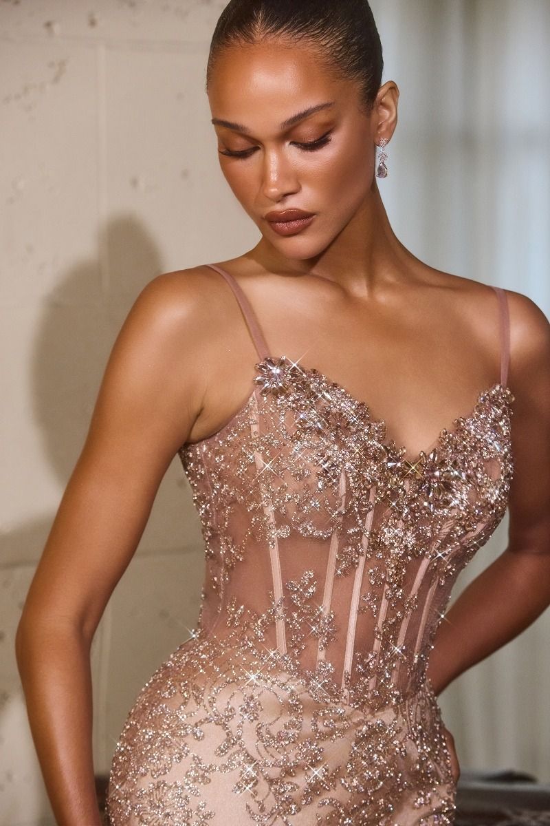 open lace back dress Ladivine J889 Beaded Embroidered Tulle Overlay Sweetheart Corset Gown Mocha Gold / 8