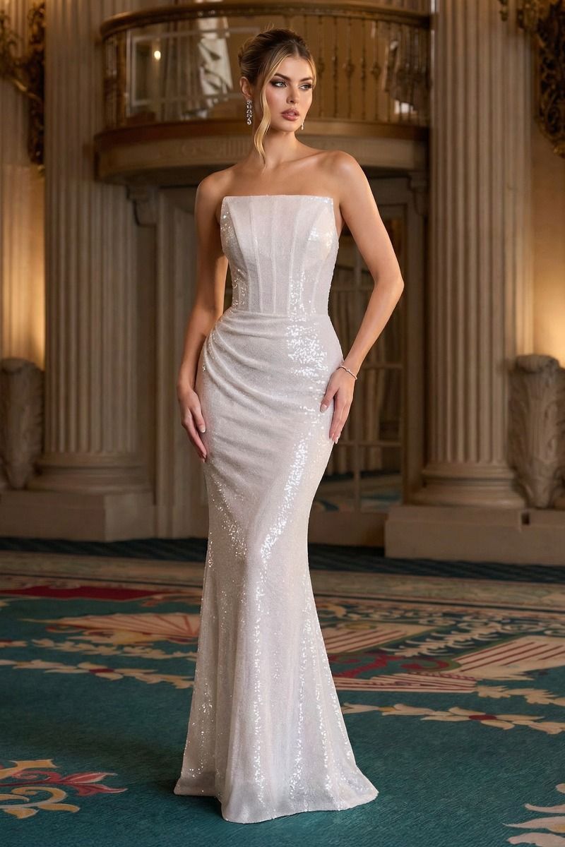 Strapless Straight Neck Floor-Length Sequin Wedding Dress LaDivine J904