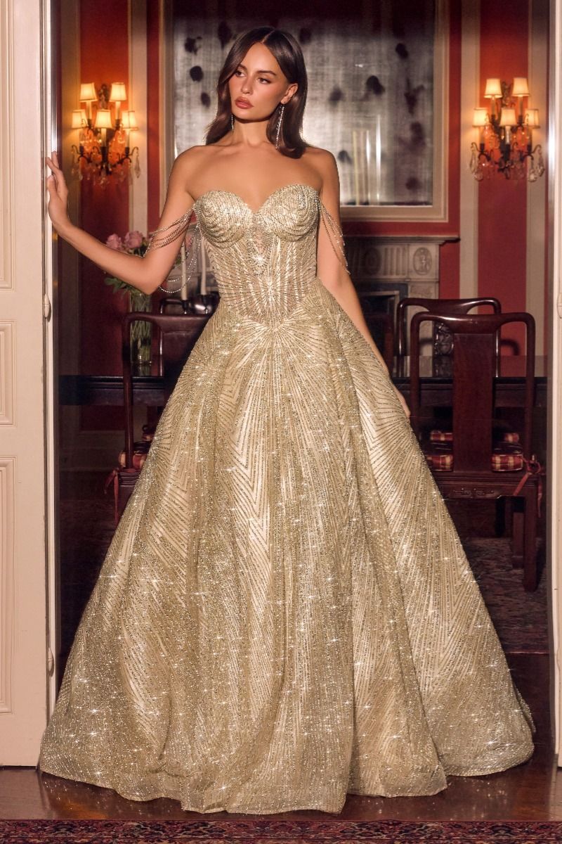 Strapless Curved Neck Floor-Length Sequin Occasion Ball Gown LaDivine J915