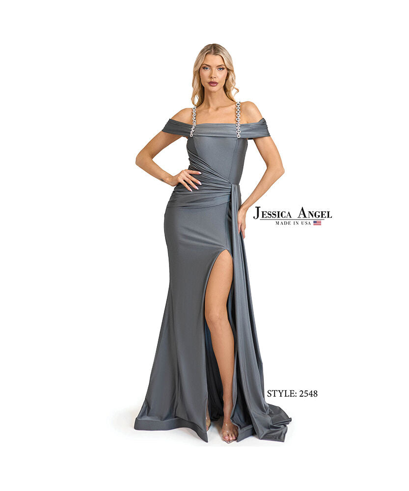 Prom Dresses Long Formal Fitted Prom Slit Dress Jessica Angel 2548 Light Titanium