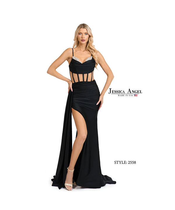 Long Formal Fitted Beaded Slit Corset Prom Dress Jessica Angel 2559