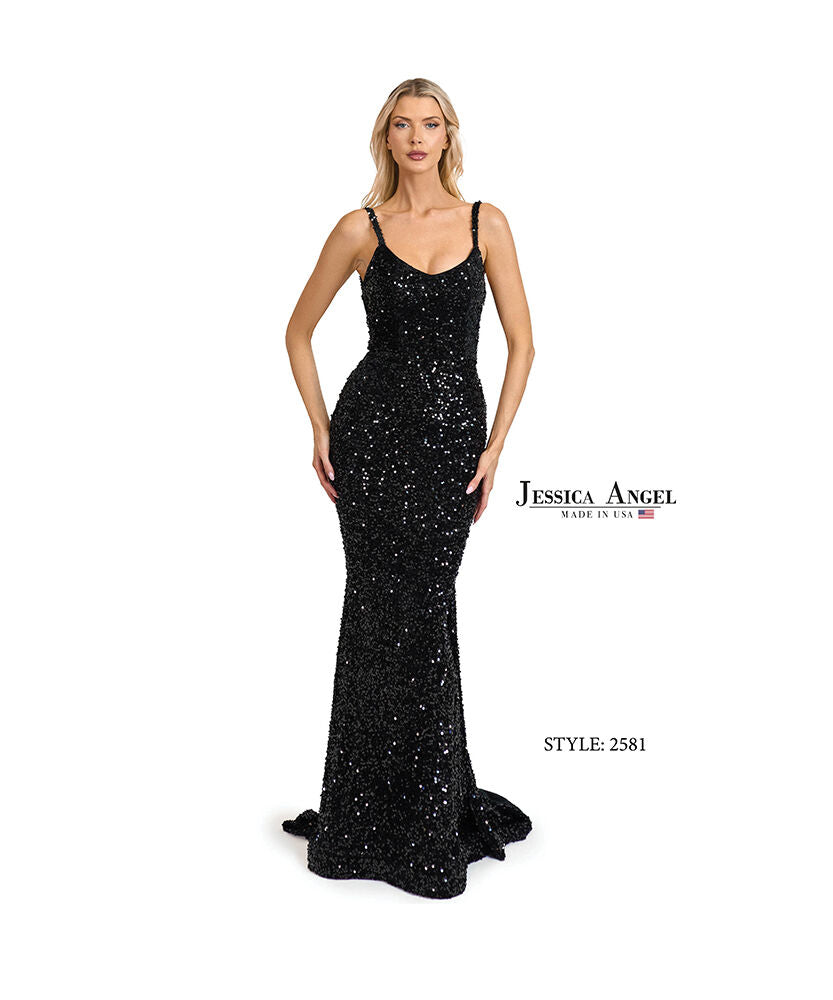 Prom Dresses Long Formal Sequin Velvet Slit Prom Dress Jessica Angel 2581 Black