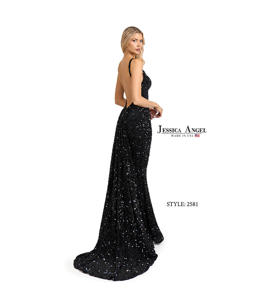 Prom Dresses Long Formal Sequin Velvet Slit Prom Dress Jessica Angel 2581 Black