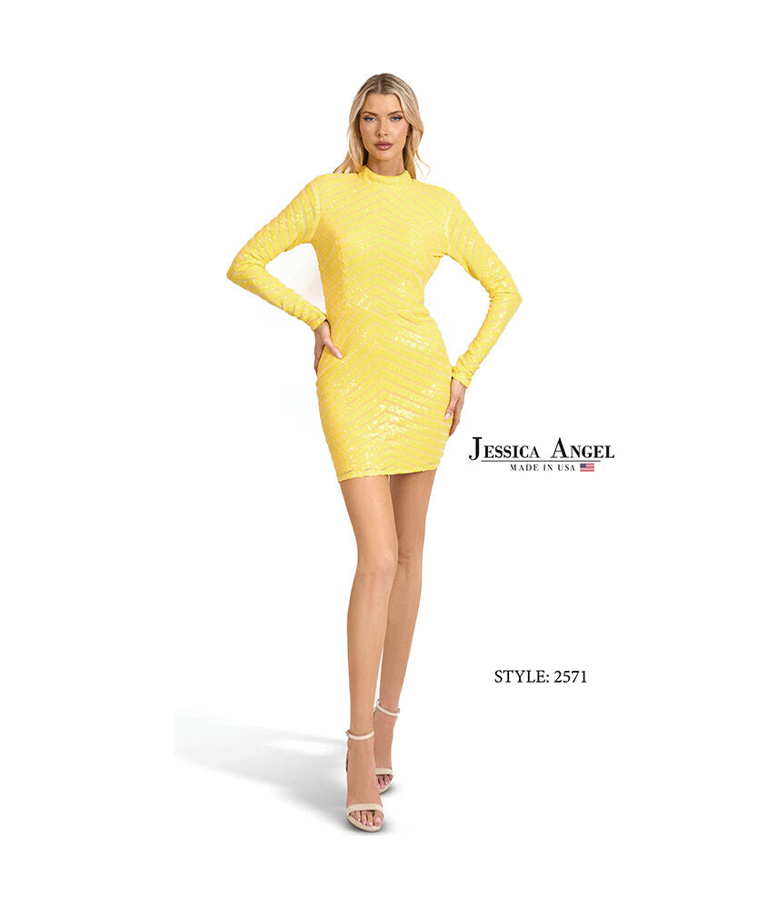 Cocktail Dresses Long Sleeve Short Sequin Mini Cocktail Dress Jessica Angel 2571 Yellow