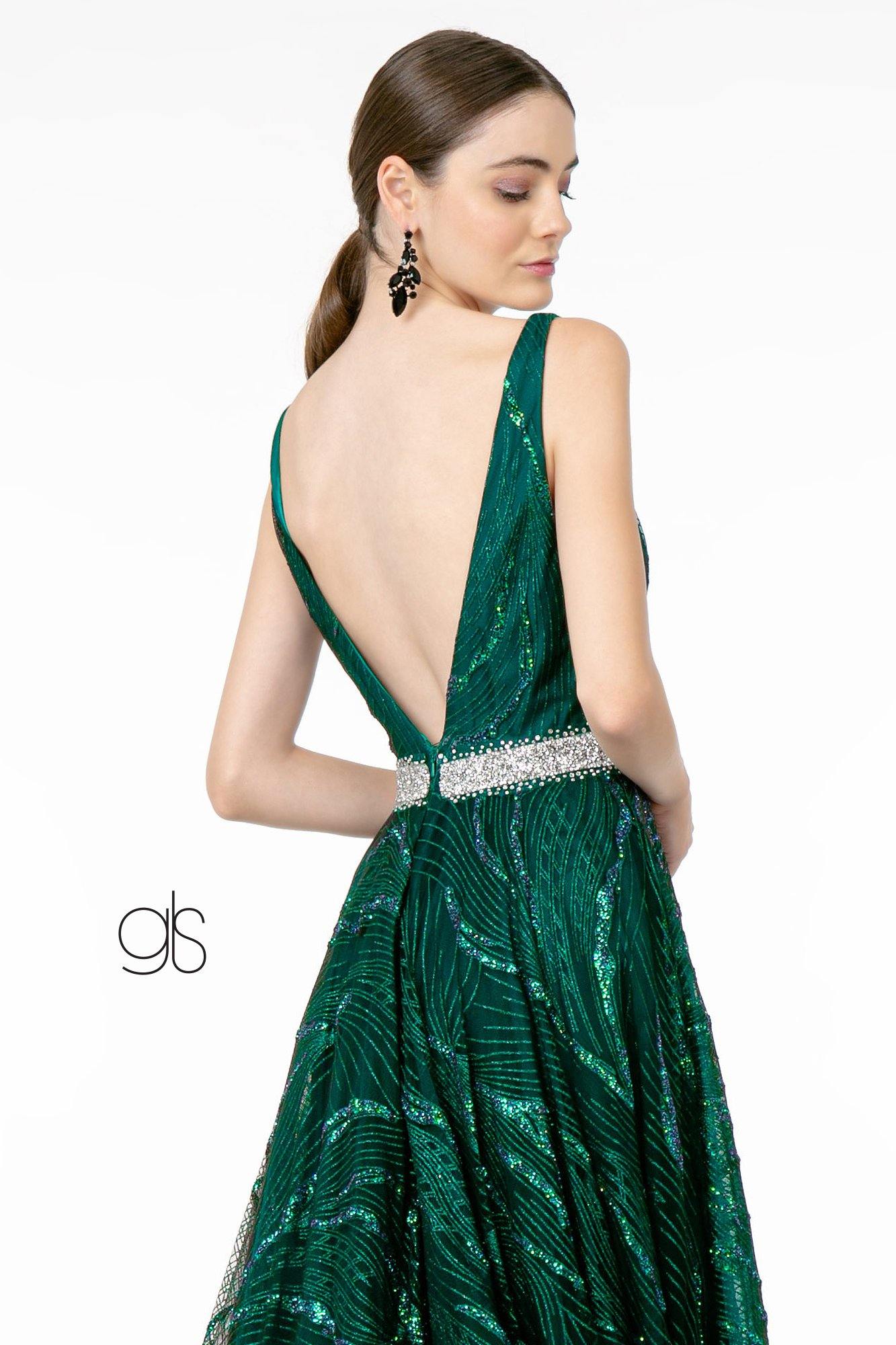 Jewel Accented Waist Glitter Mesh Long Prom Dress - The Dress Outlet Elizabeth K