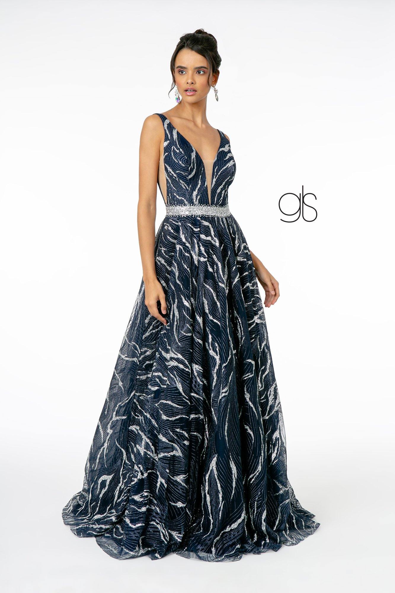 Jewel Accented Waist Glitter Mesh Long Prom Dress - The Dress Outlet Elizabeth K