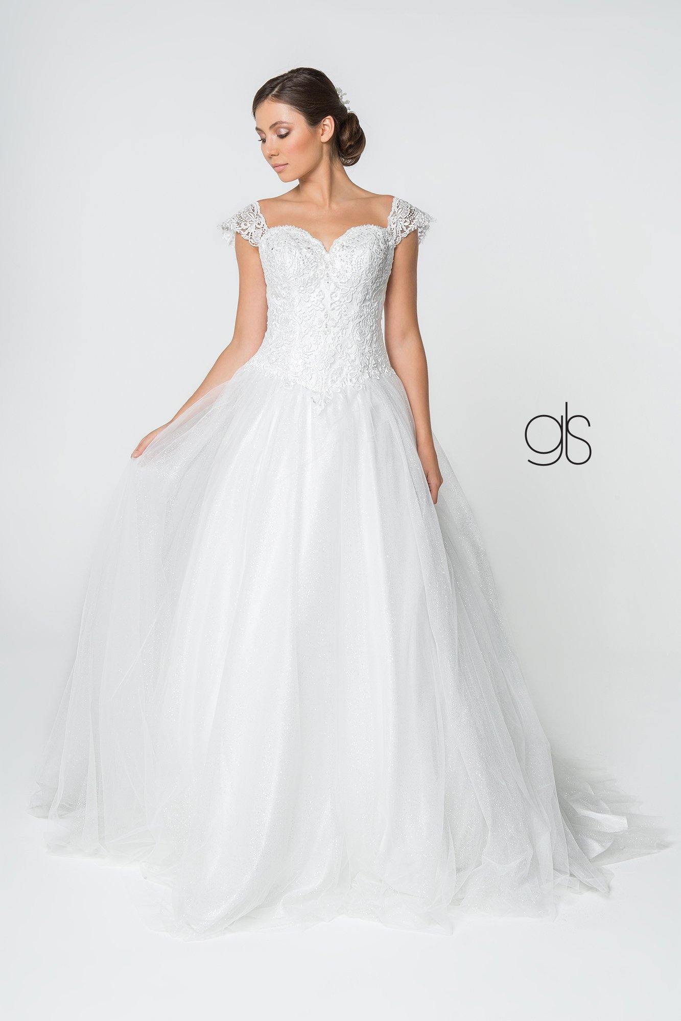 Jewel and Lace Embellished Glitter Mesh Long Wedding Gown