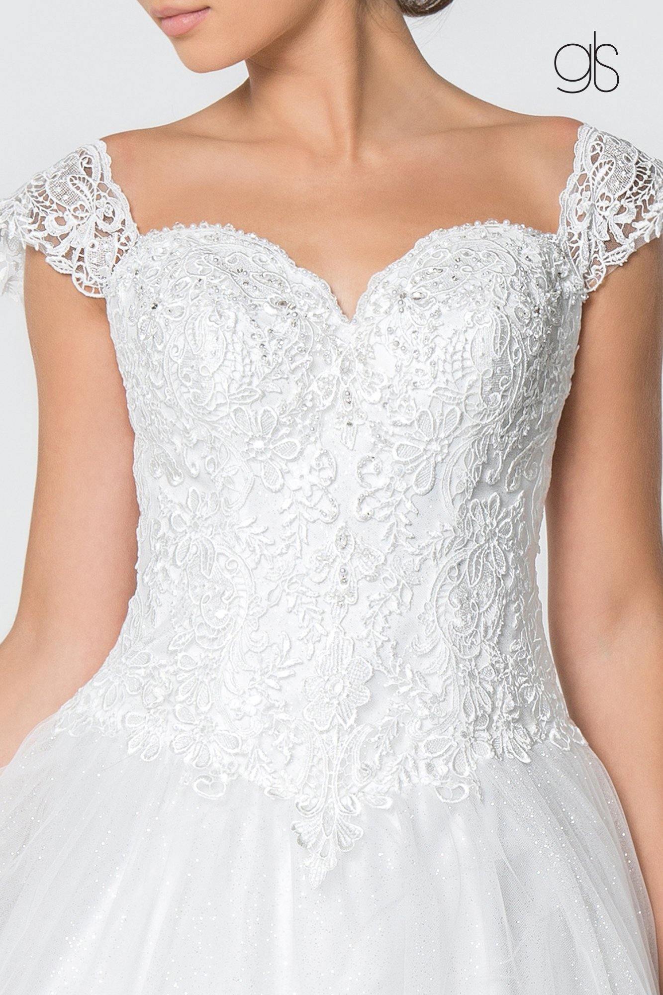 Off White Jewel and Lace Embellished Glitter Mesh Long Wedding Gown for ...
