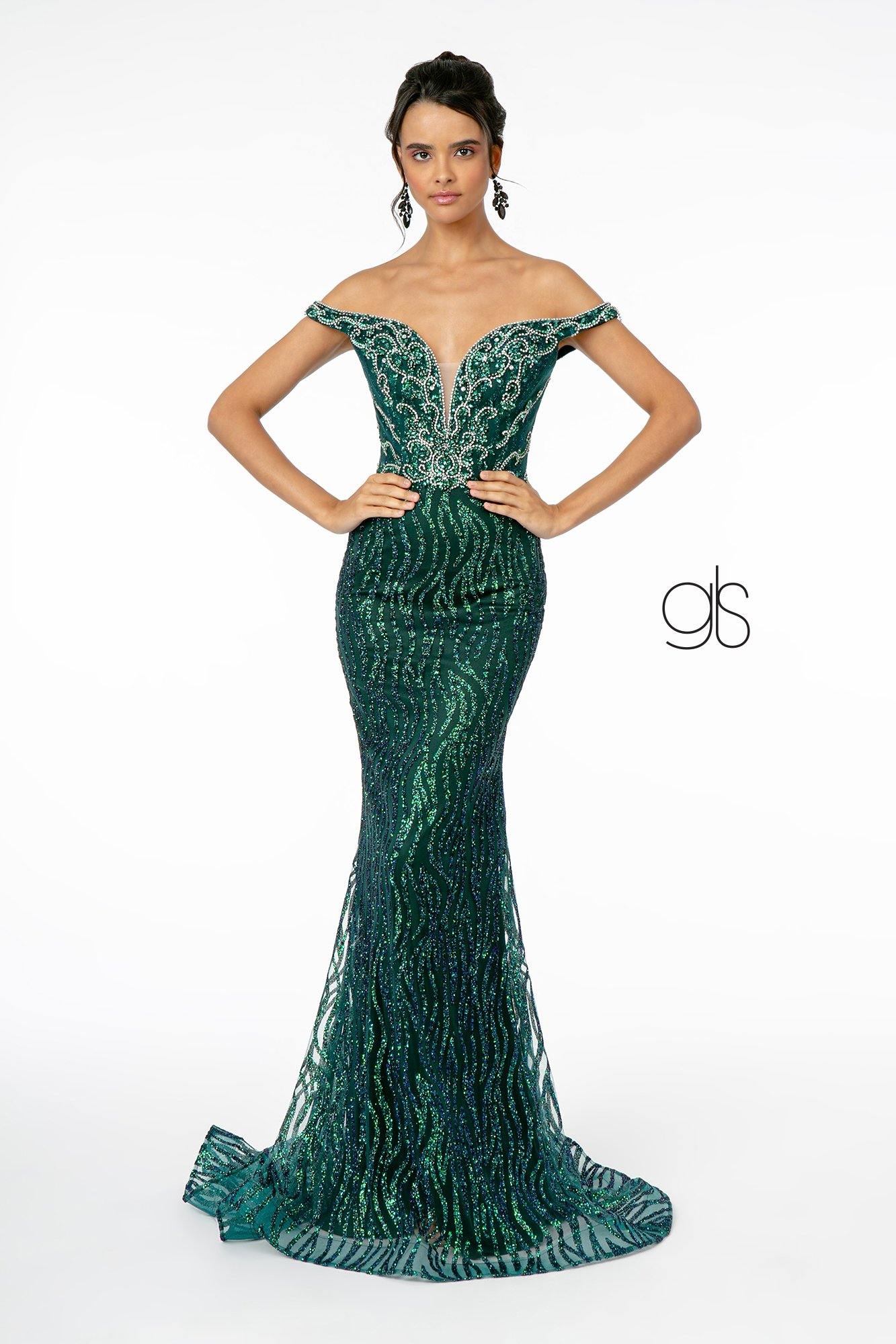 Jewel Embellished Bodice Glitter Mesh Long Prom Dress