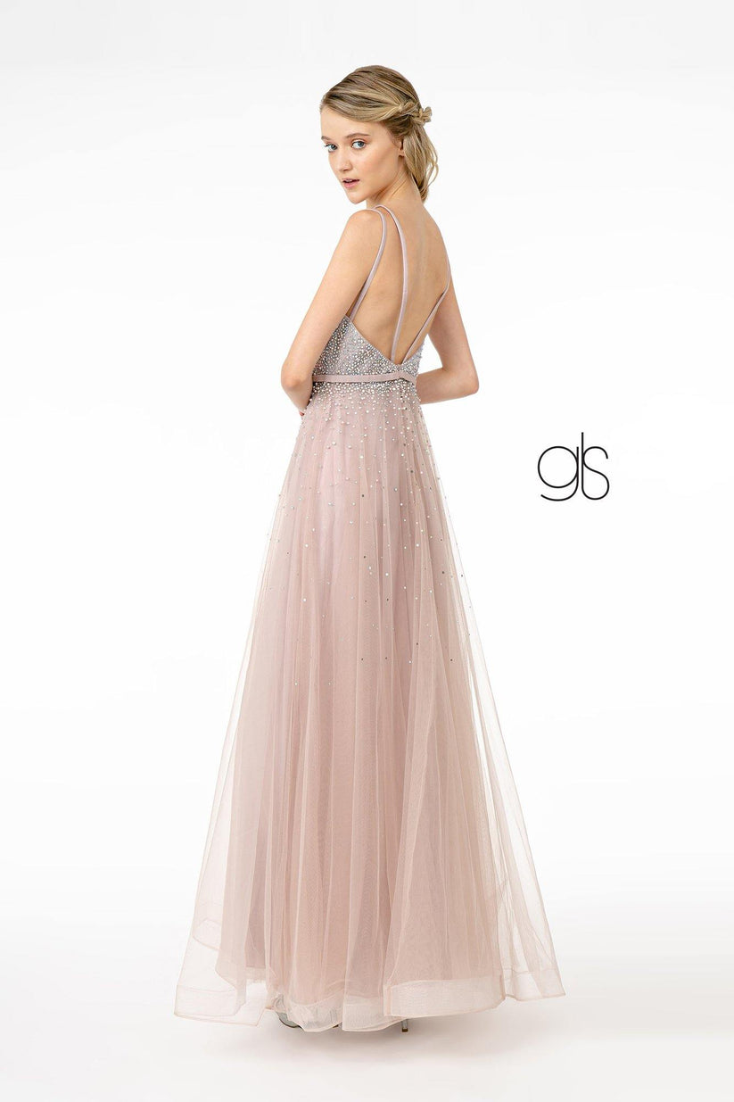 Jewel Embellished Sheer Bodice Jersey Long Dress