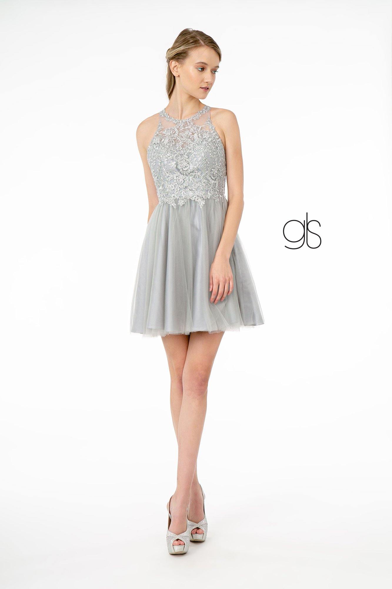 Jewel Embellished Embroidery Tulle Short Dress w/ Strap Back - The Dress Outlet Elizabeth K