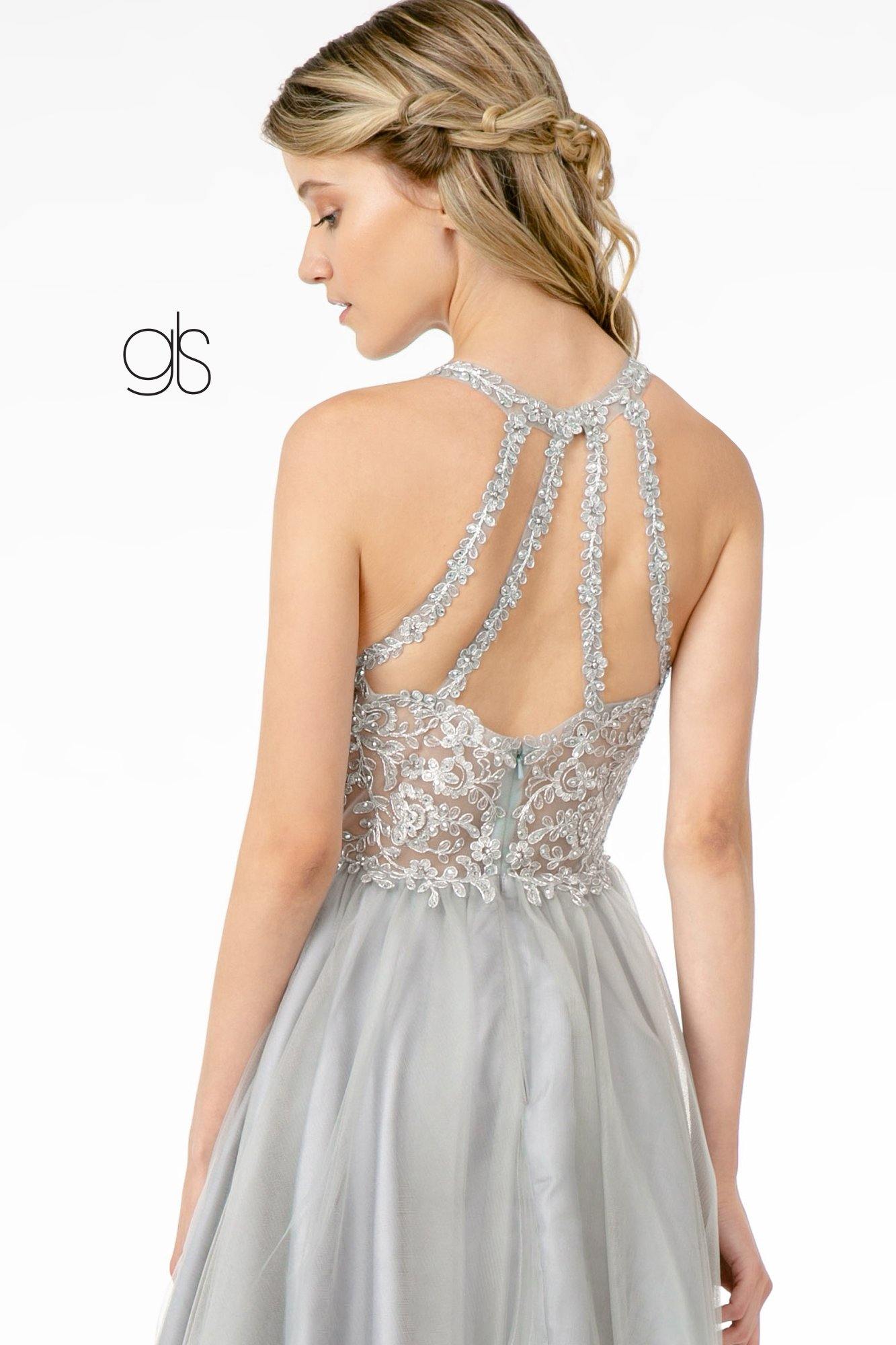 Jewel Embellished Embroidery Tulle Short Dress w/ Strap Back - The Dress Outlet Elizabeth K