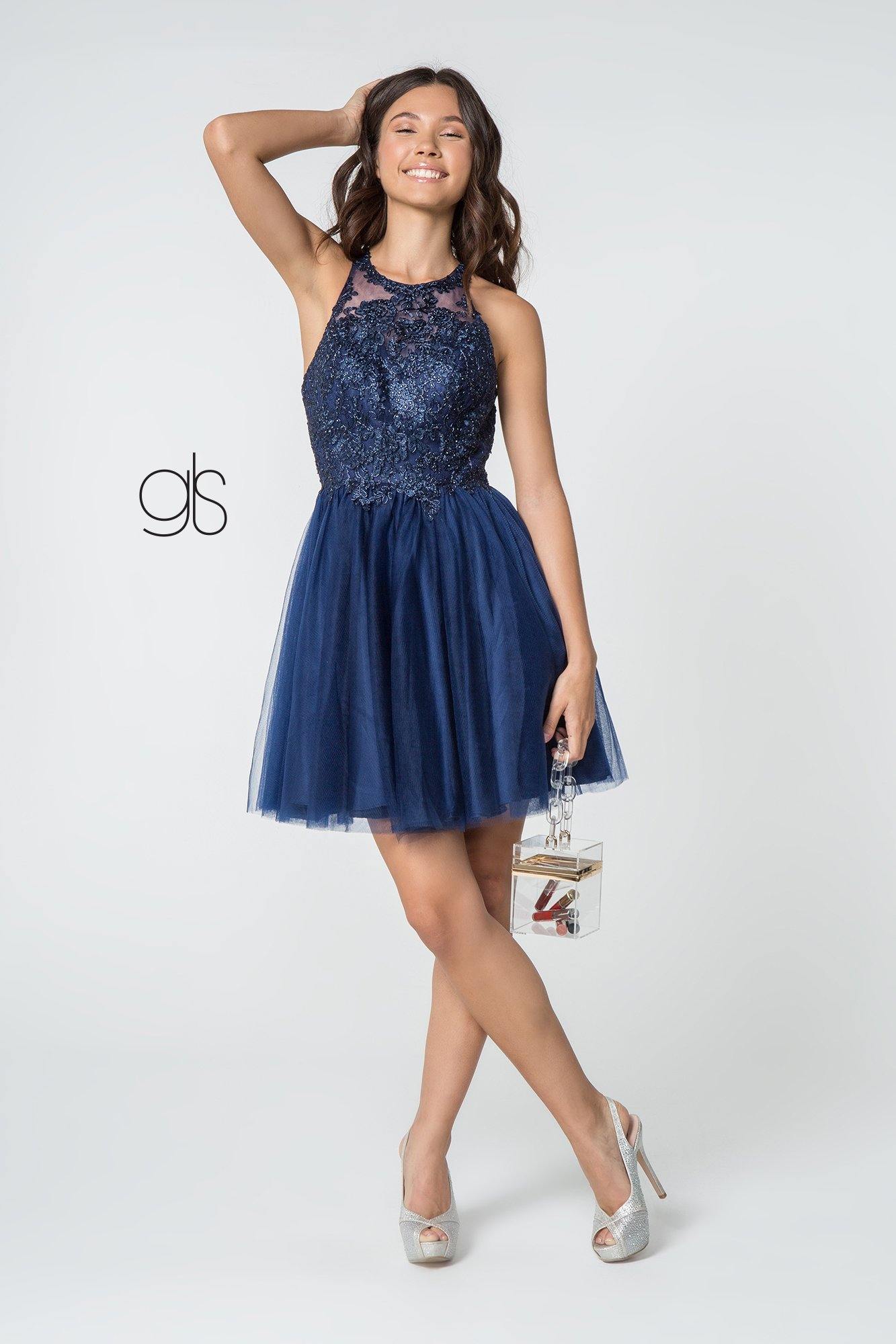 green emerald velvet dress Jolien Blue Floral Appliqué Embroidered Tulle Mini Dress