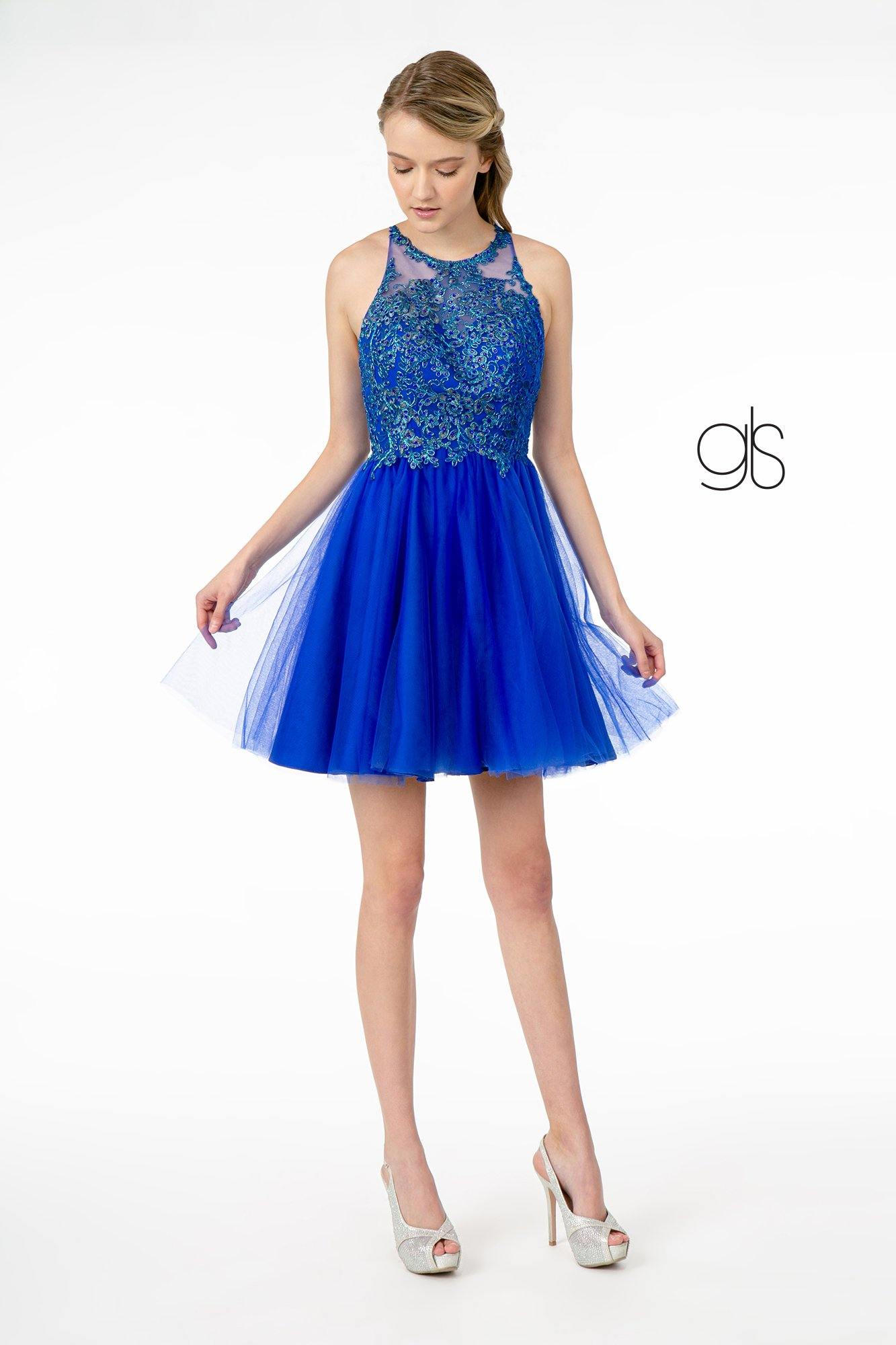 sachin and babi light blue dress Embroidered Tulle Short Dress with Beaded Collar and Illusion Sweetheart  Neckline GLGS2032 main image 0