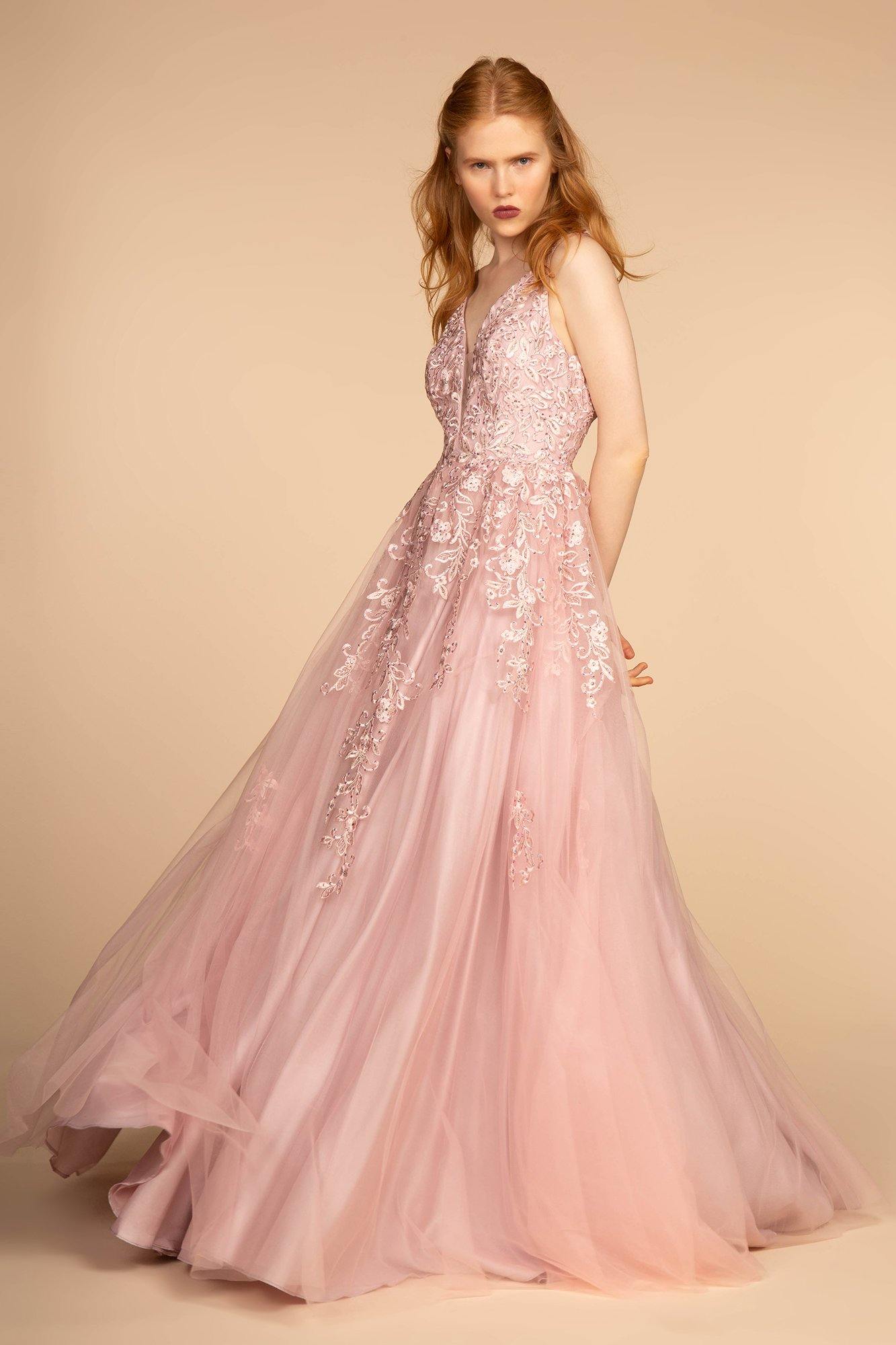 Jewel Embellished Illusion Deep V-Neck Long Dress - The Dress Outlet Elizabeth K