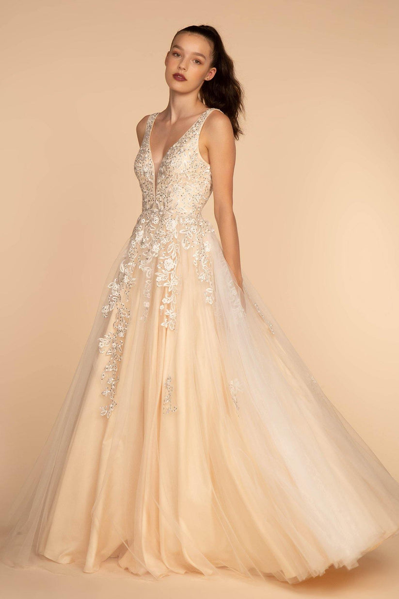 Mauve Jewel Embellished Illusion Deep V-Neck Long Dress for $319.99 ...