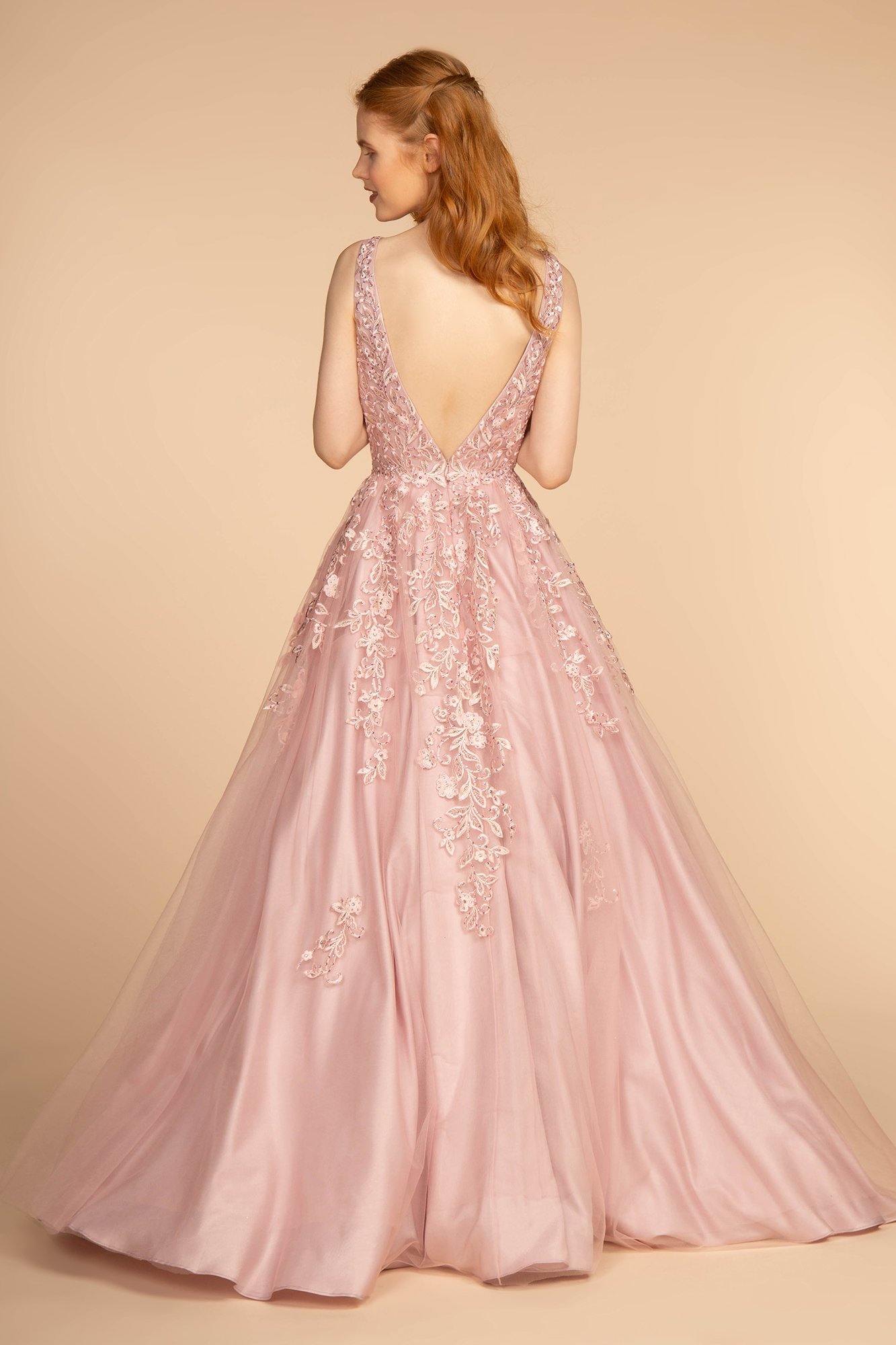Jewel Embellished Illusion Deep V-Neck Long Dress - The Dress Outlet Elizabeth K