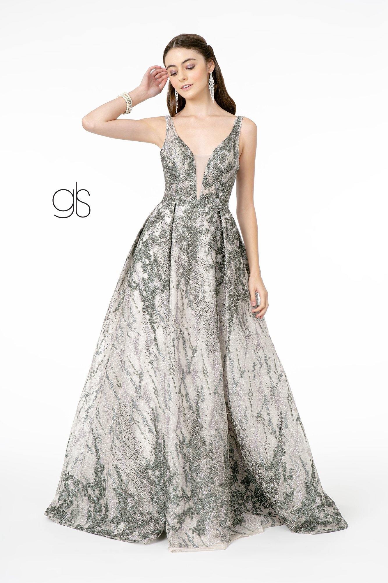 Jewel Embellished Lace Long Prom Dress - The Dress Outlet Elizabeth K