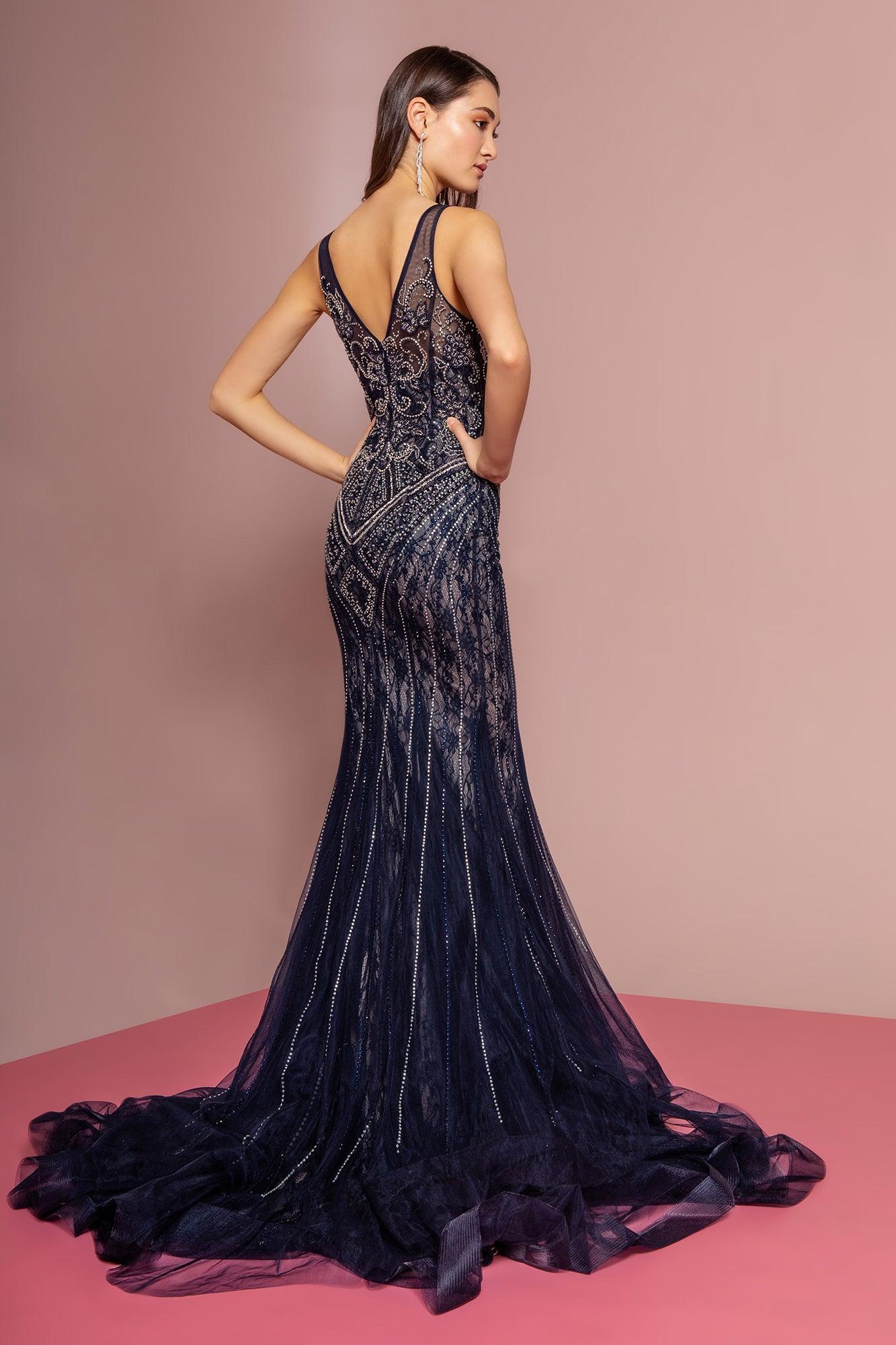 Jewel Embellished Lace Long Prom Dress