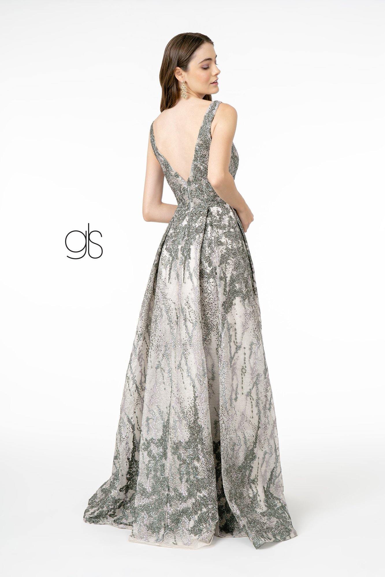 Jewel Embellished Lace Long Prom Dress - The Dress Outlet Elizabeth K