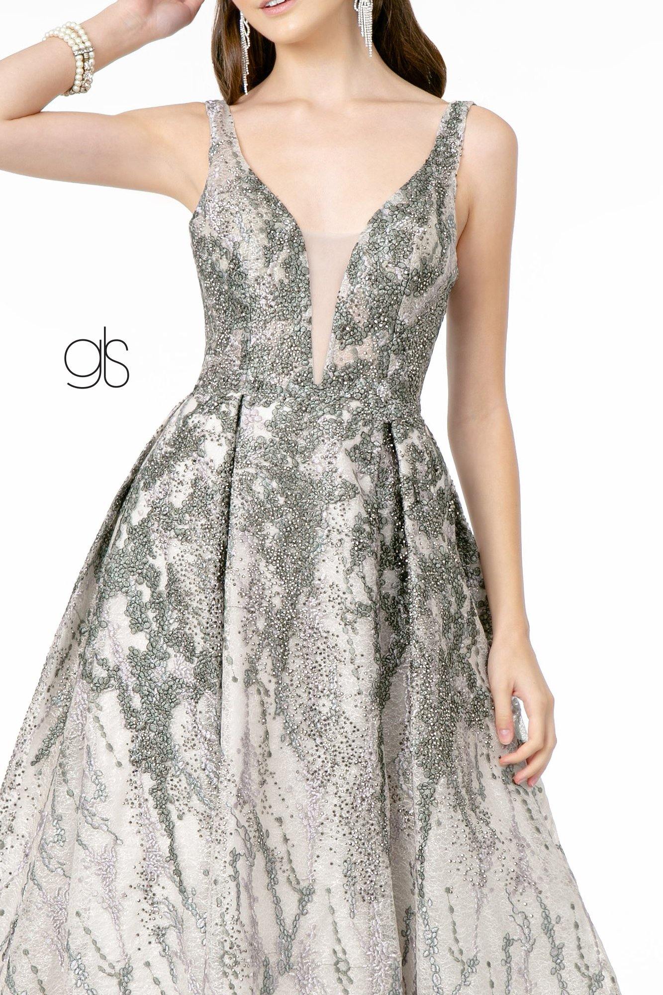 Jewel Embellished Lace Long Prom Dress - The Dress Outlet Elizabeth K