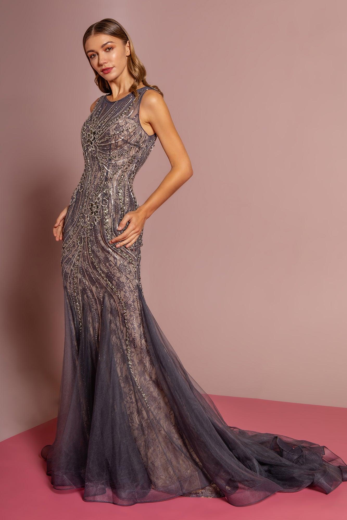 Jewel Embellished Lace Long Prom Dress With Tail - The Dress Outlet Elizabeth K