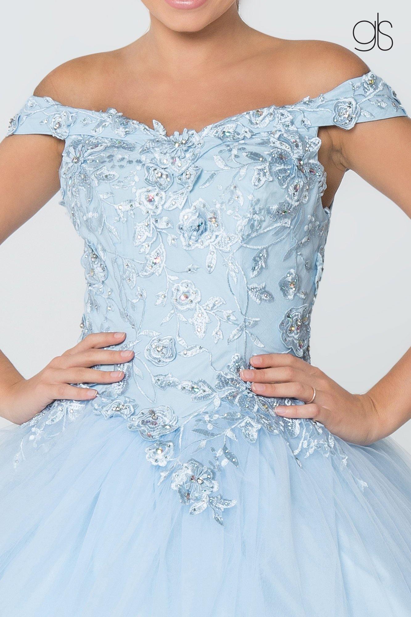 Jewel Embellished Long Mesh Quincenera Dress