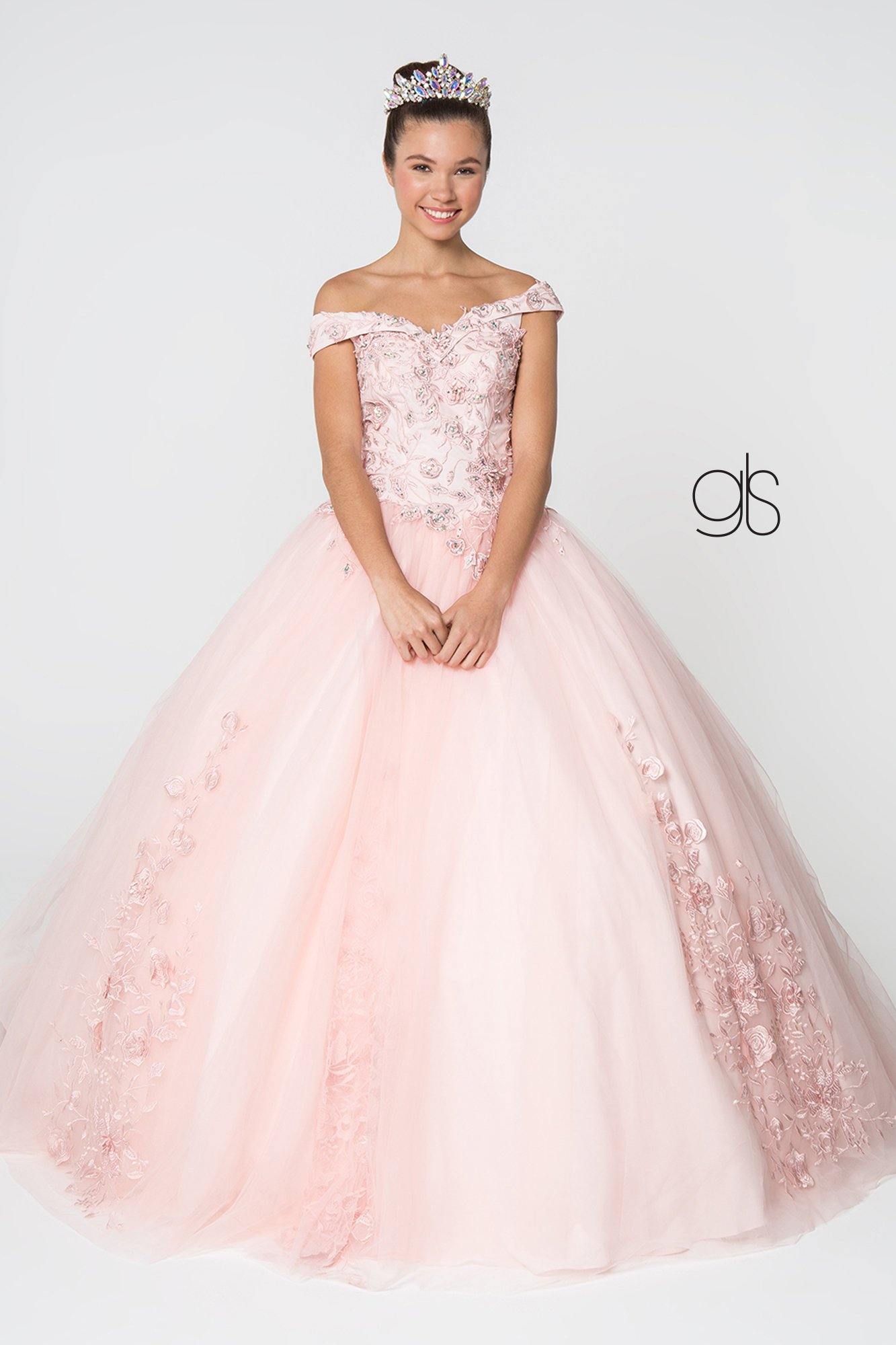 Jewel Embellished Long Mesh Quincenera Dress