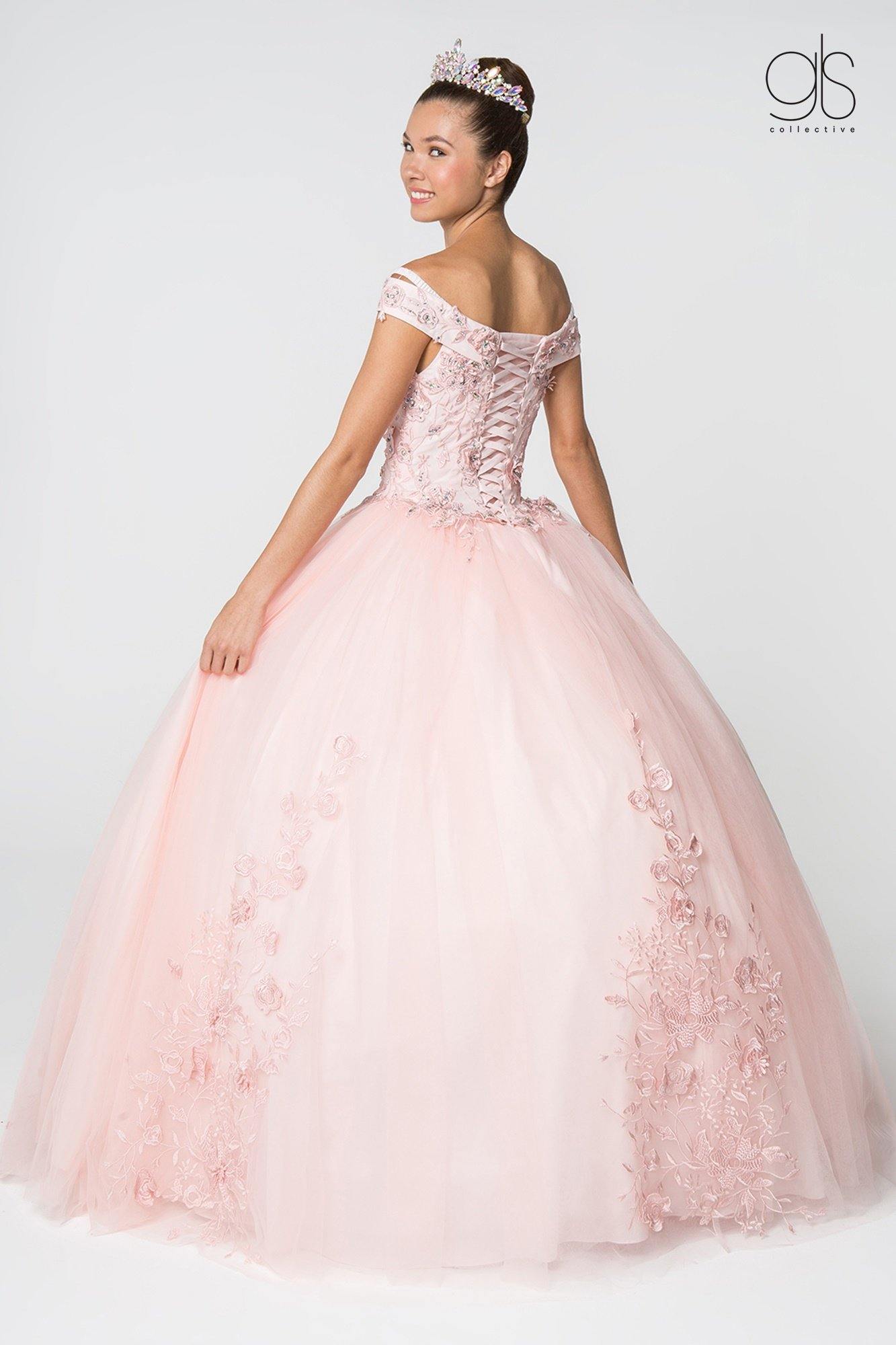 Jewel Embellished Long Mesh Quincenera Dress
