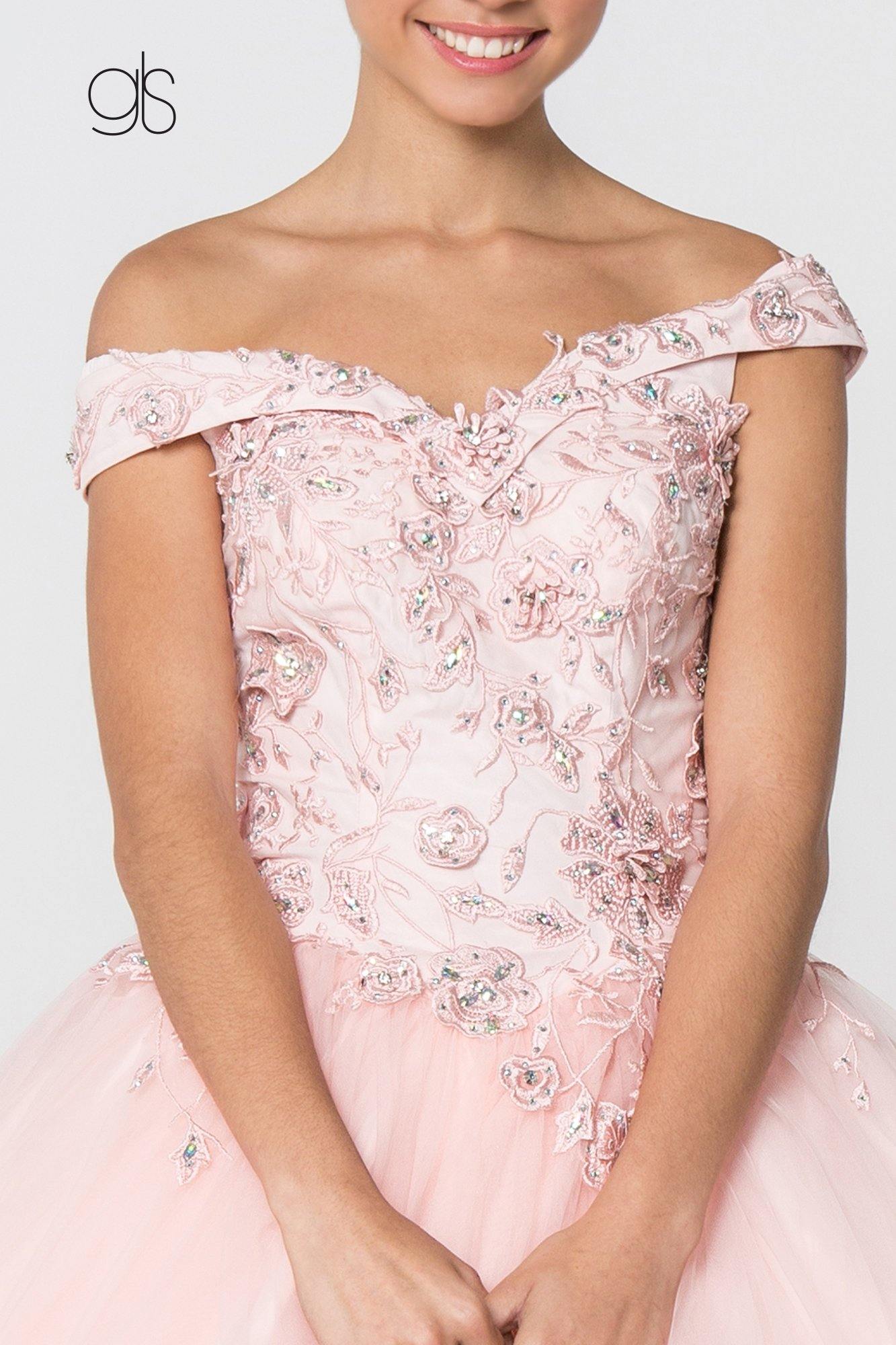 Jewel Embellished Long Mesh Quincenera Dress