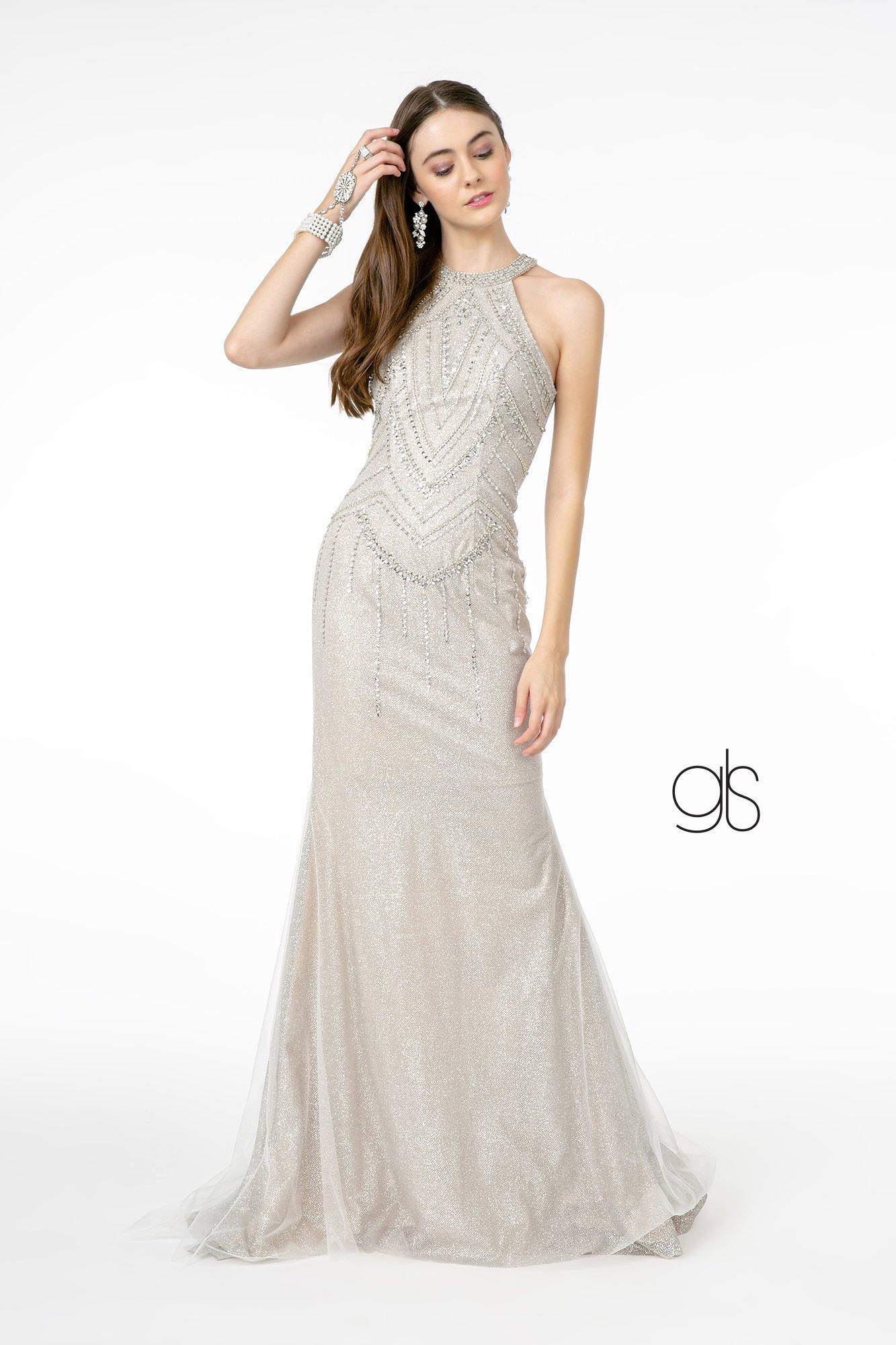 Jewel Embellished Mermaid Mesh Long Prom Dress - The Dress Outlet Gloria