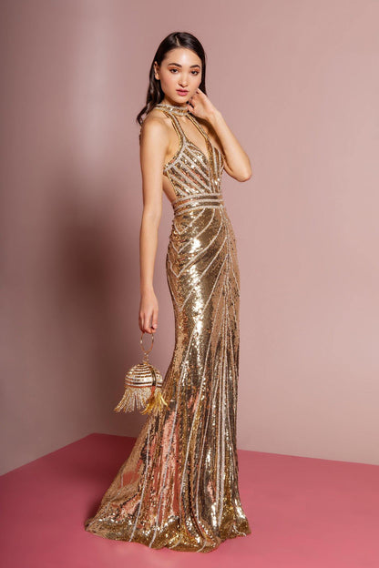 Jewel Embellished Sequin Mermaid Long Prom Dress - The Dress Outlet Elizabeth K